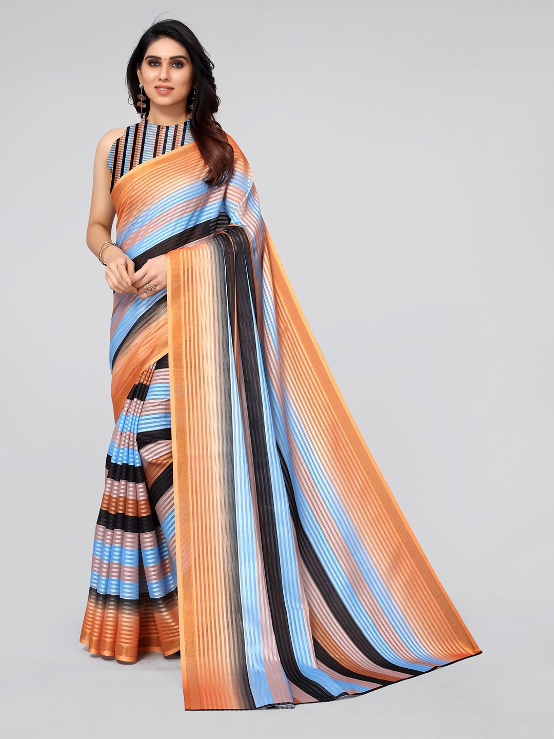 

MIRCHI FASHION Orange & Blue Leheriya Saree