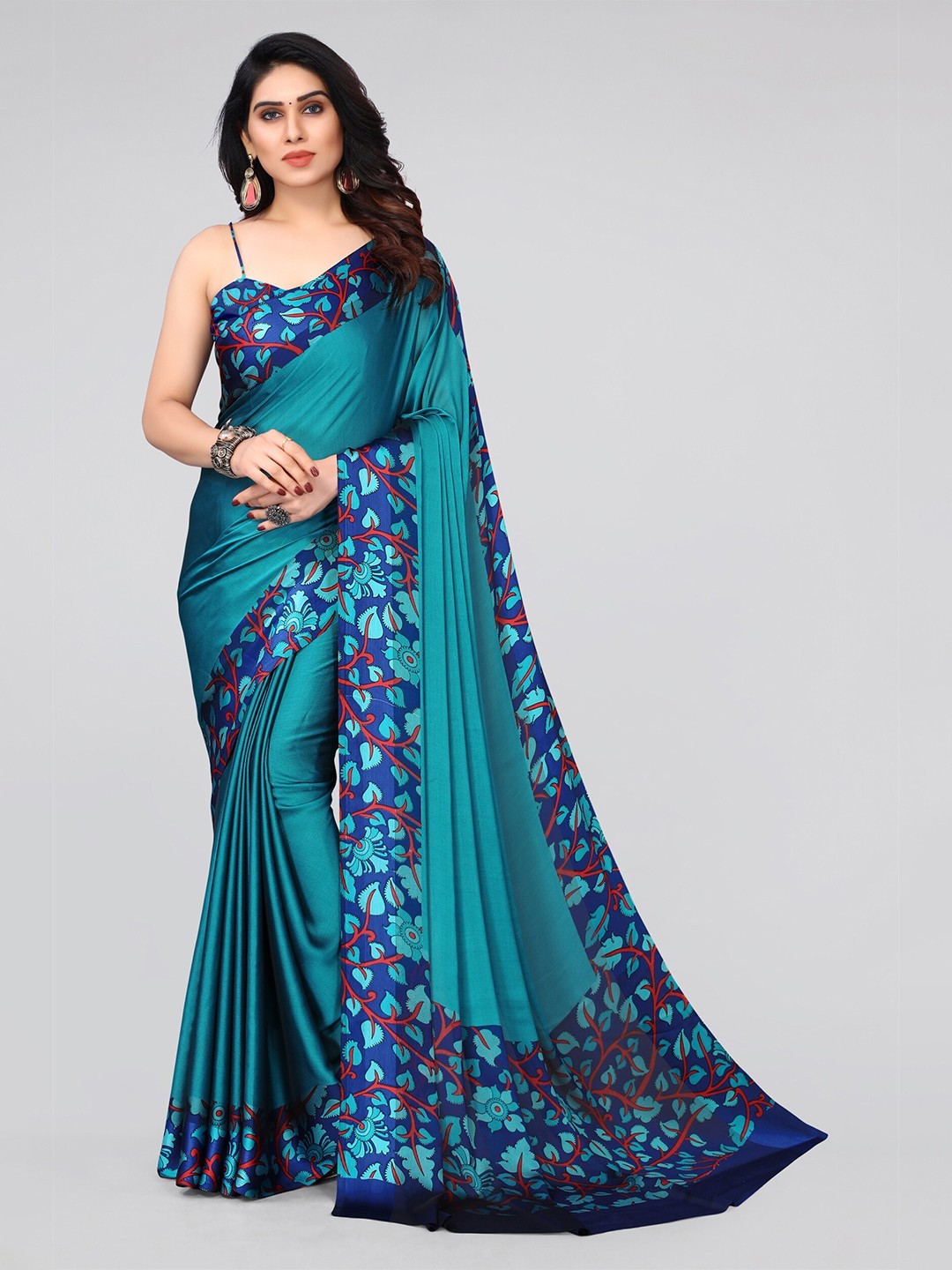

KALINI Blue & Red Floral Printed Saree