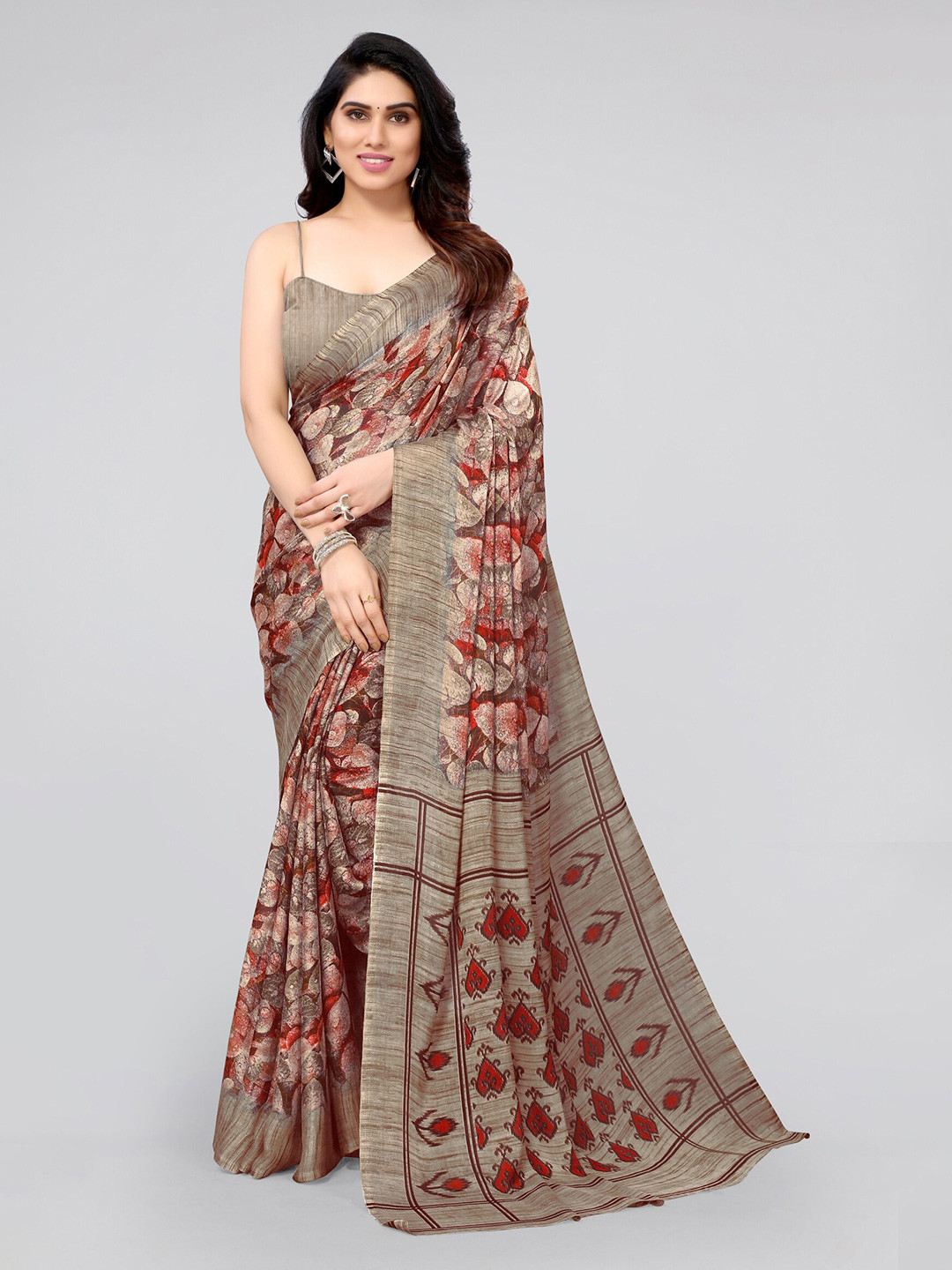 

MIRCHI FASHION Women Red & Beige Floral Printed Poly Chiffon Saree