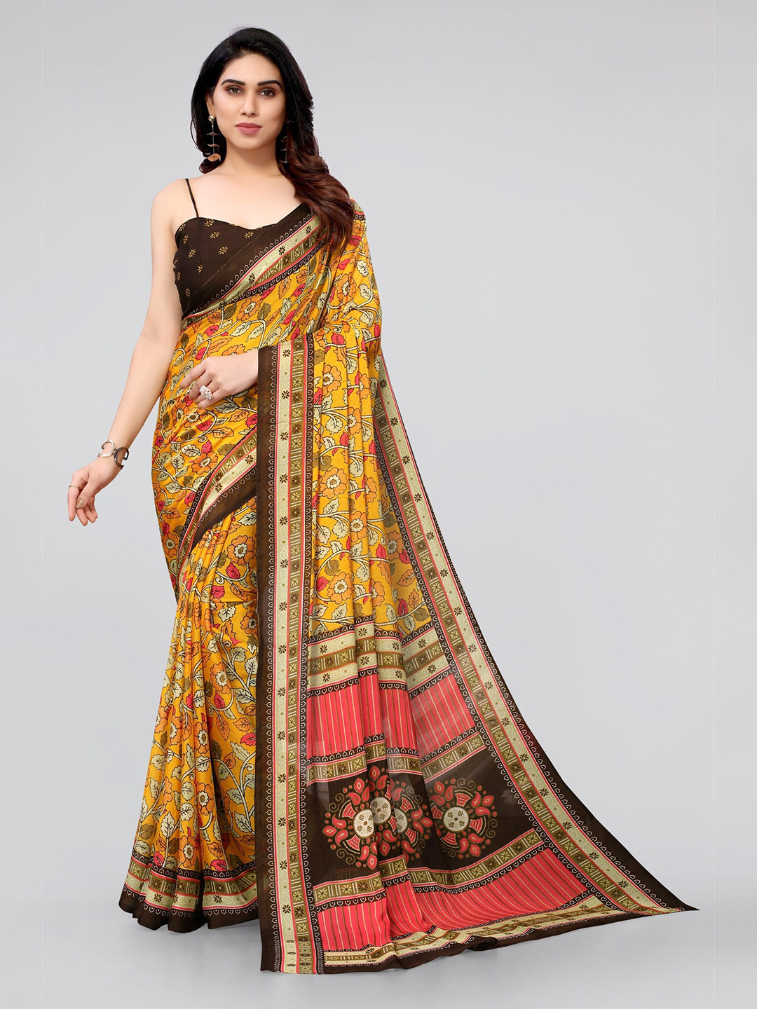 

MIRCHI FASHION Yellow & Orange Floral Saree