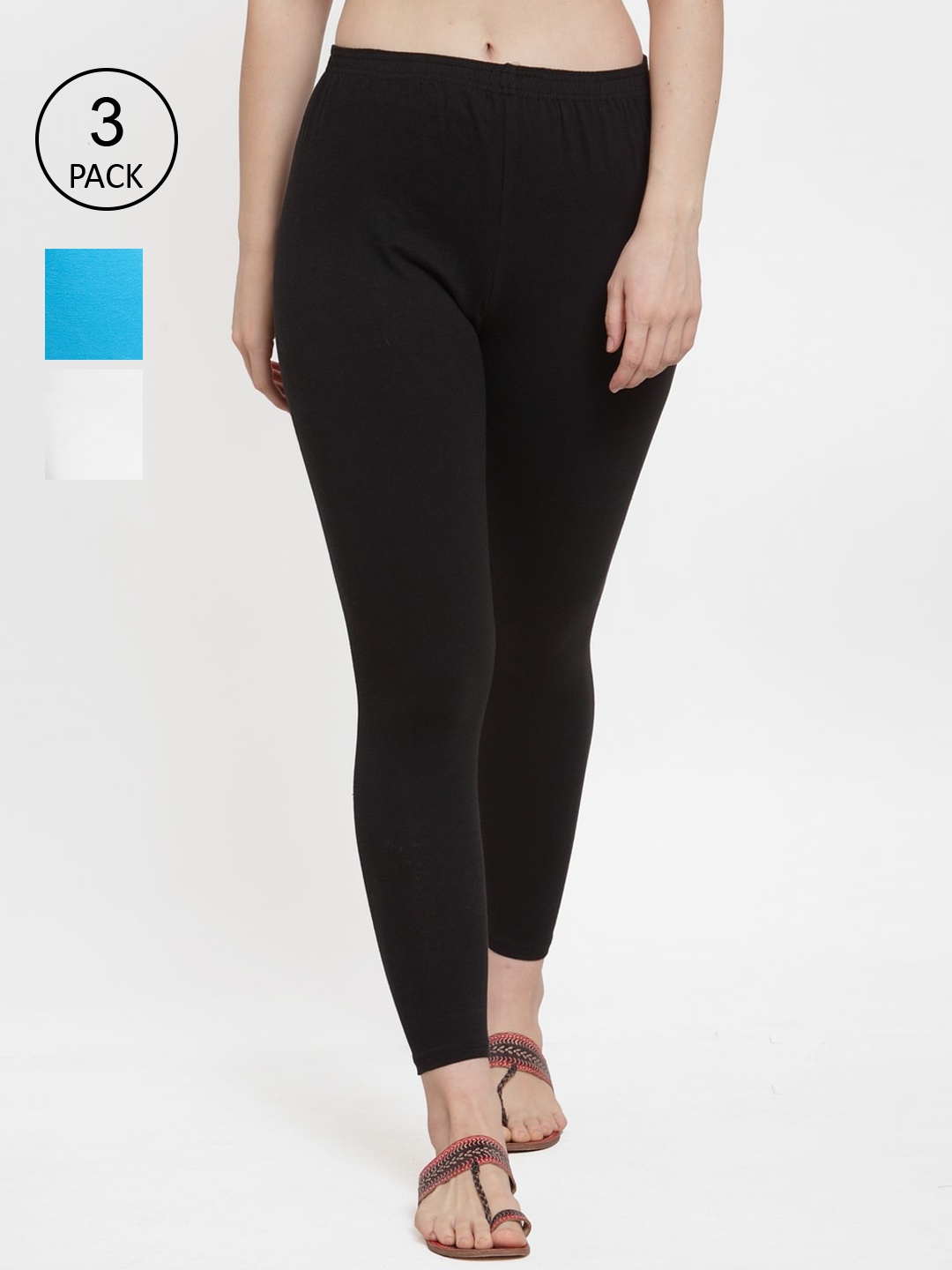 

Jinfo Women Pack of 3 Black & Blue Solid Ankle-Length Leggings