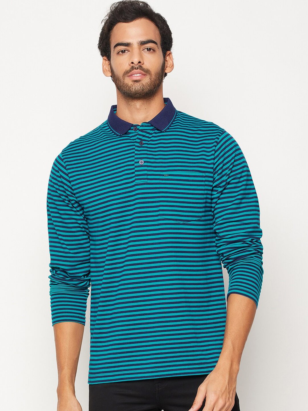 

Okane Men Blue Striped Polo Collar T-shirt