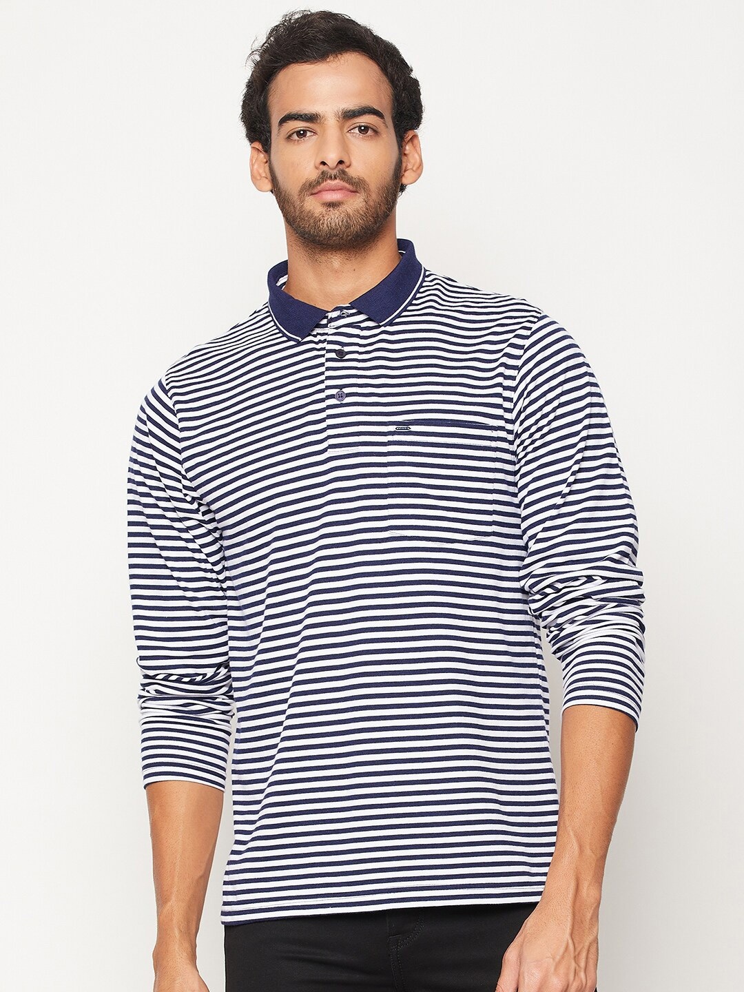 

Okane Men Blue Striped Polo Collar T-shirt