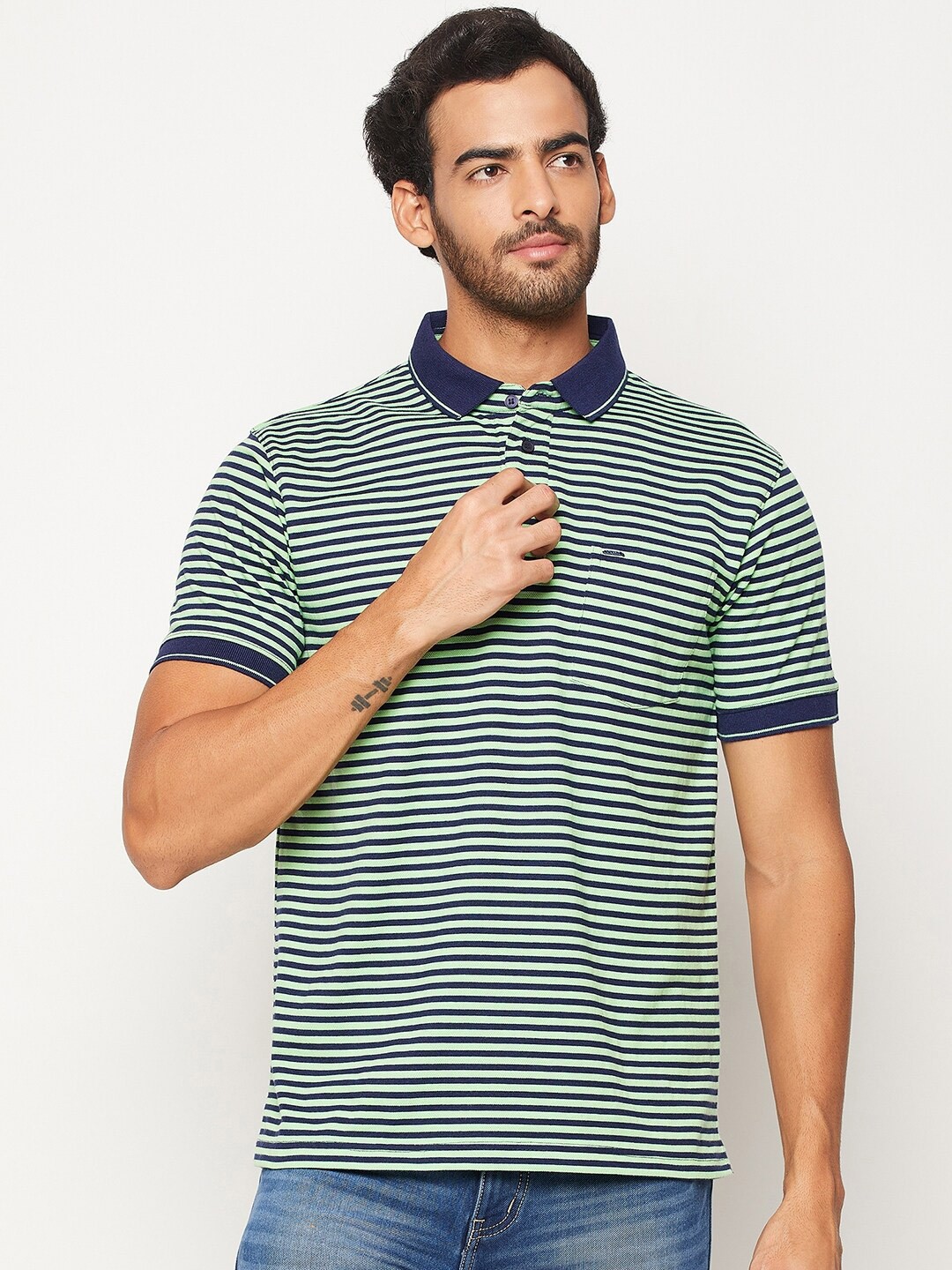 

Okane Men Green & Blue Striped Polo Collar T-shirt