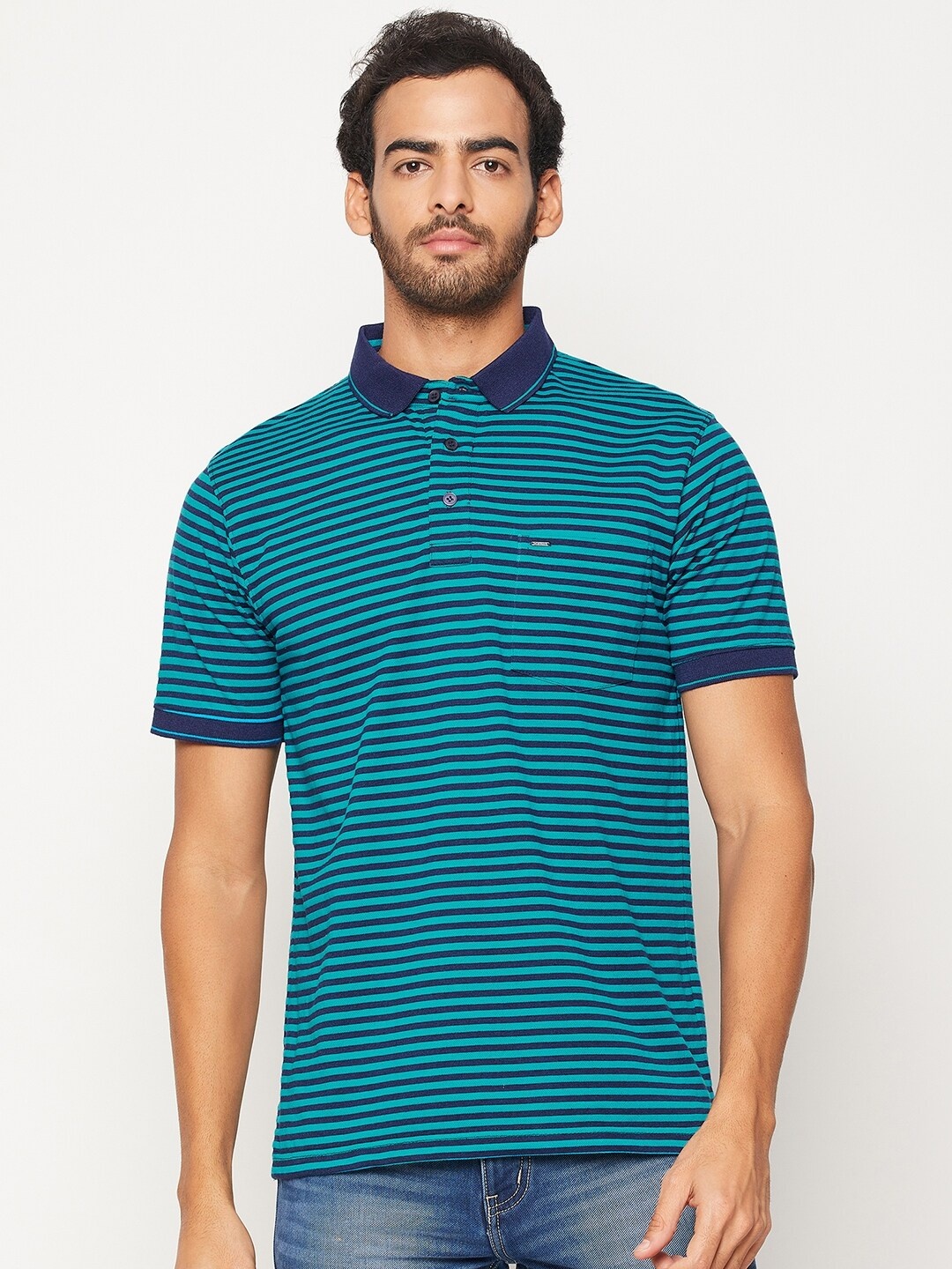 

Okane Men Blue Striped Polo Collar T-shirt