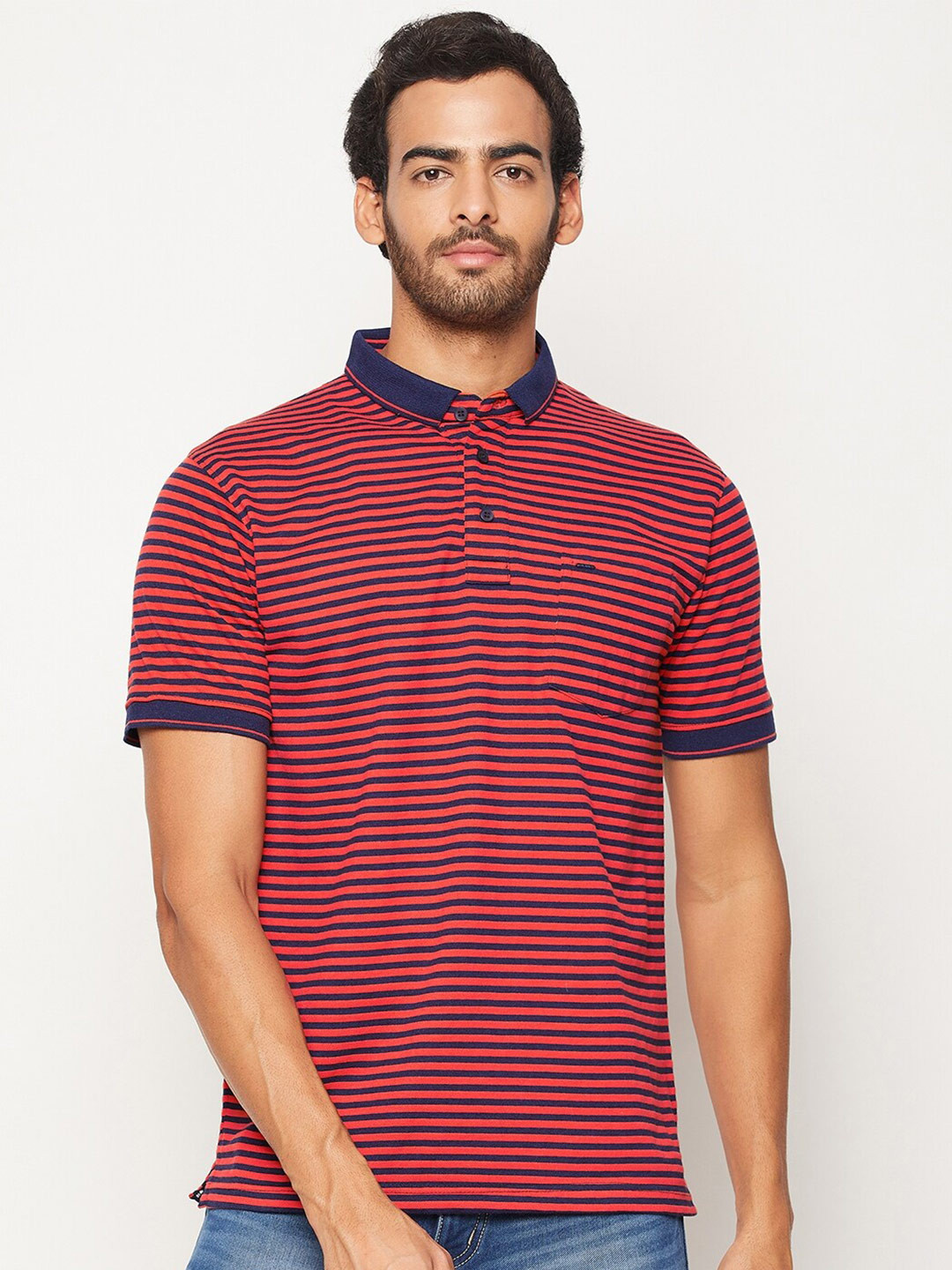 

Okane Men Orange Striped Polo Collar T-shirt