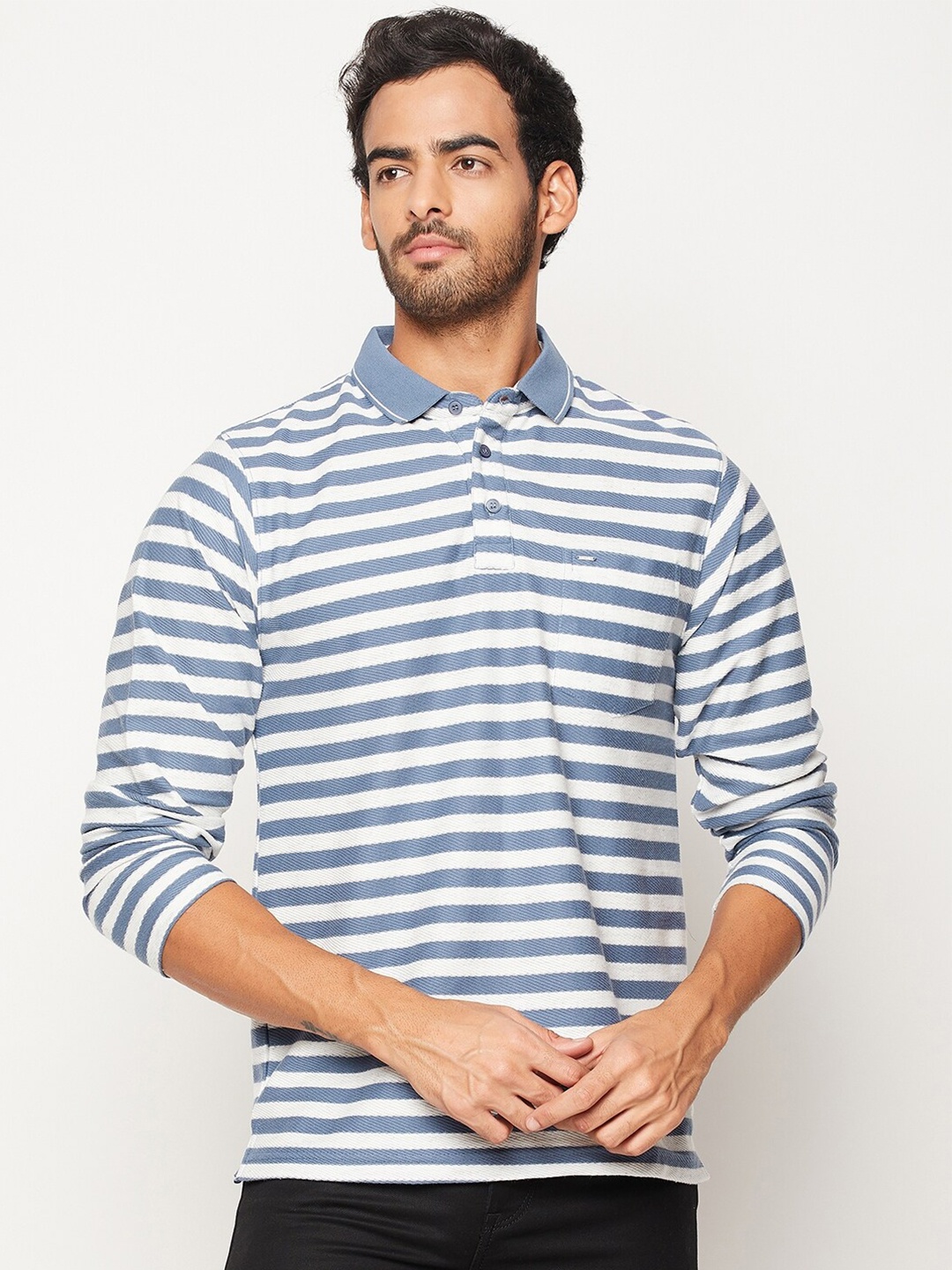 

Okane Men White & Blue Striped Polo Collar T-shirt