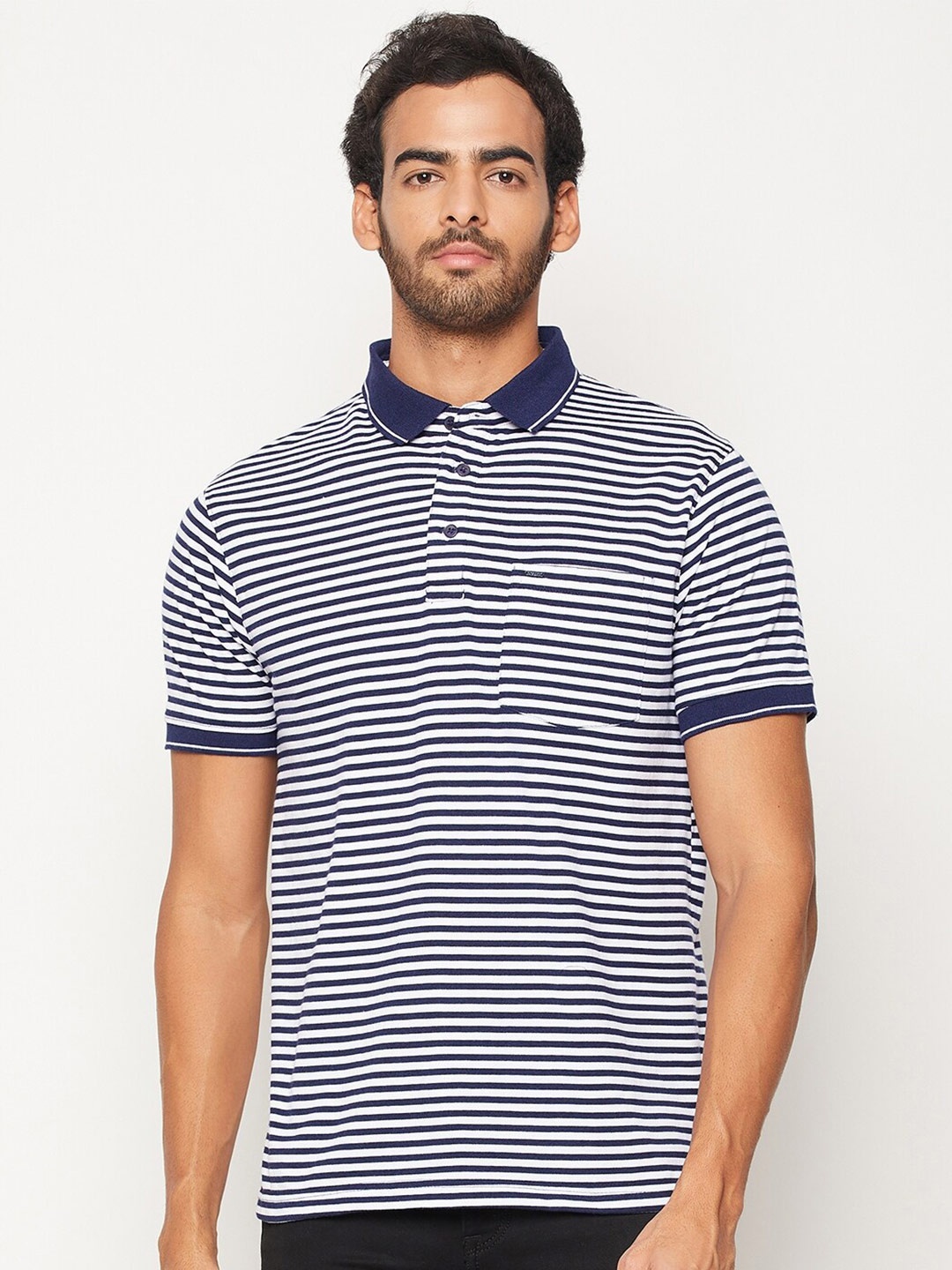 

Okane Men White & Navy Blue Striped Polo Collar T-shirt