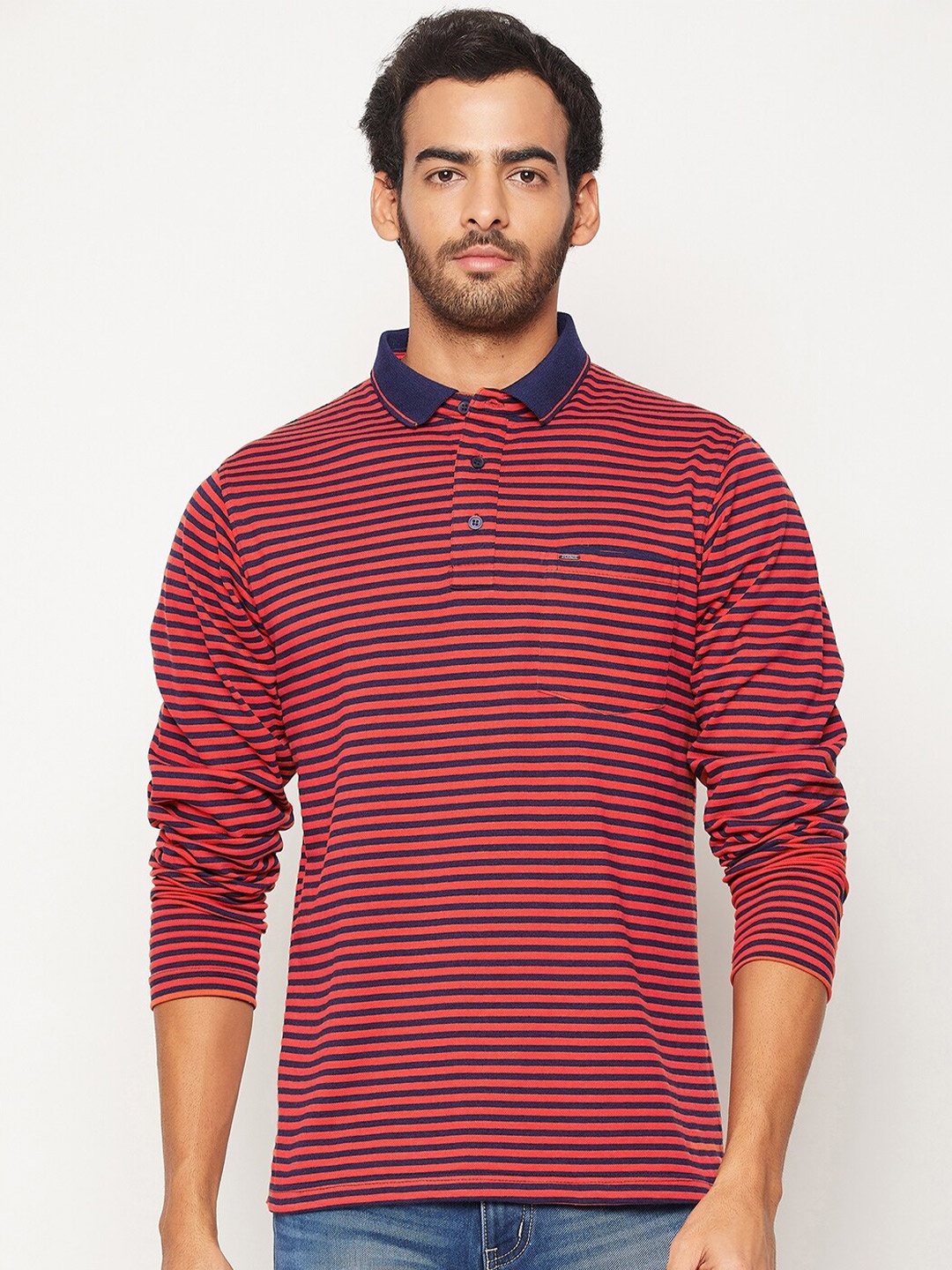 

Okane Men Orange Striped Polo Collar T-shirt