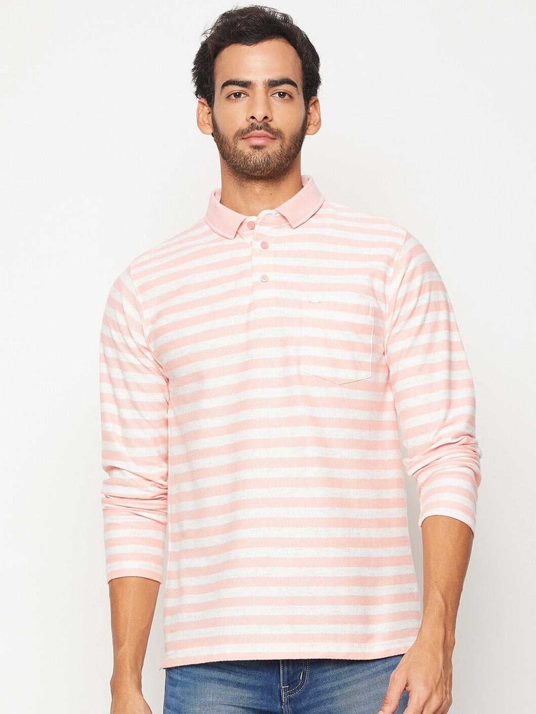 

Okane Men Pink & White Striped Polo Collar T-shirt