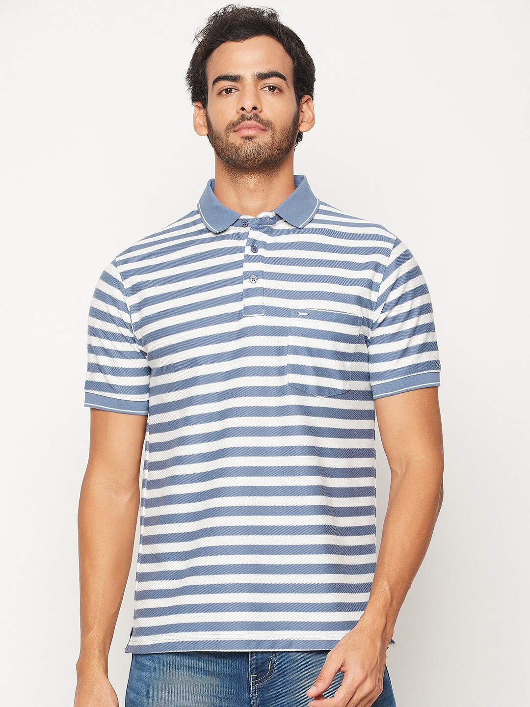 

Okane Men Blue & White Striped Polo Collar T-shirt