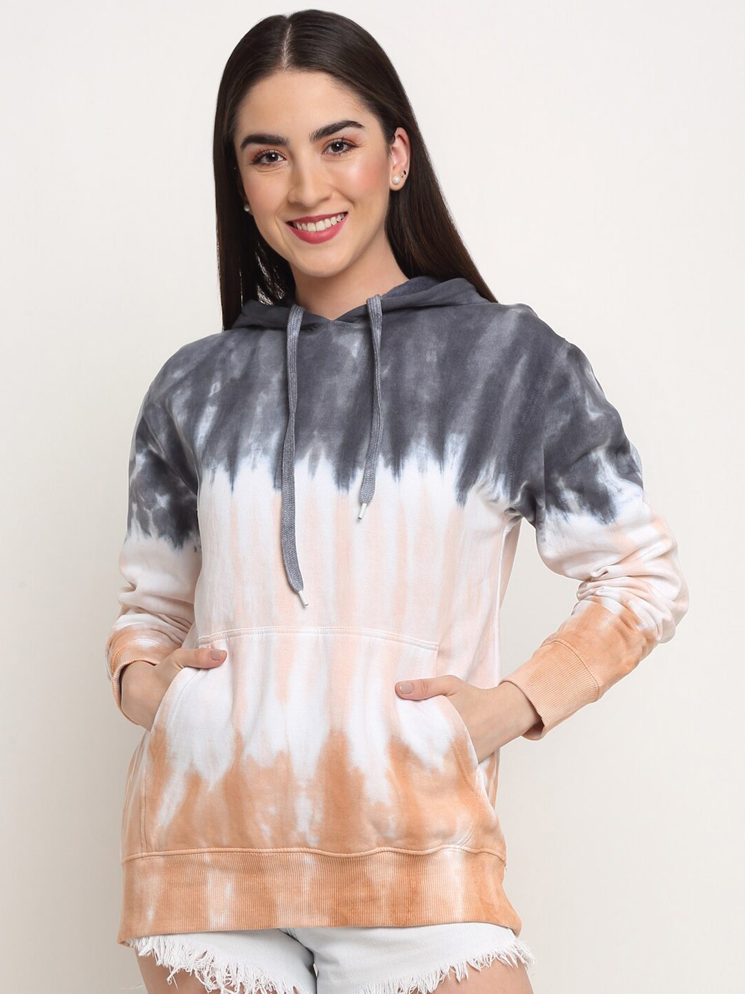 

Ennoble Women Grey Printed Tie-Dye Hooded Sweatshirt