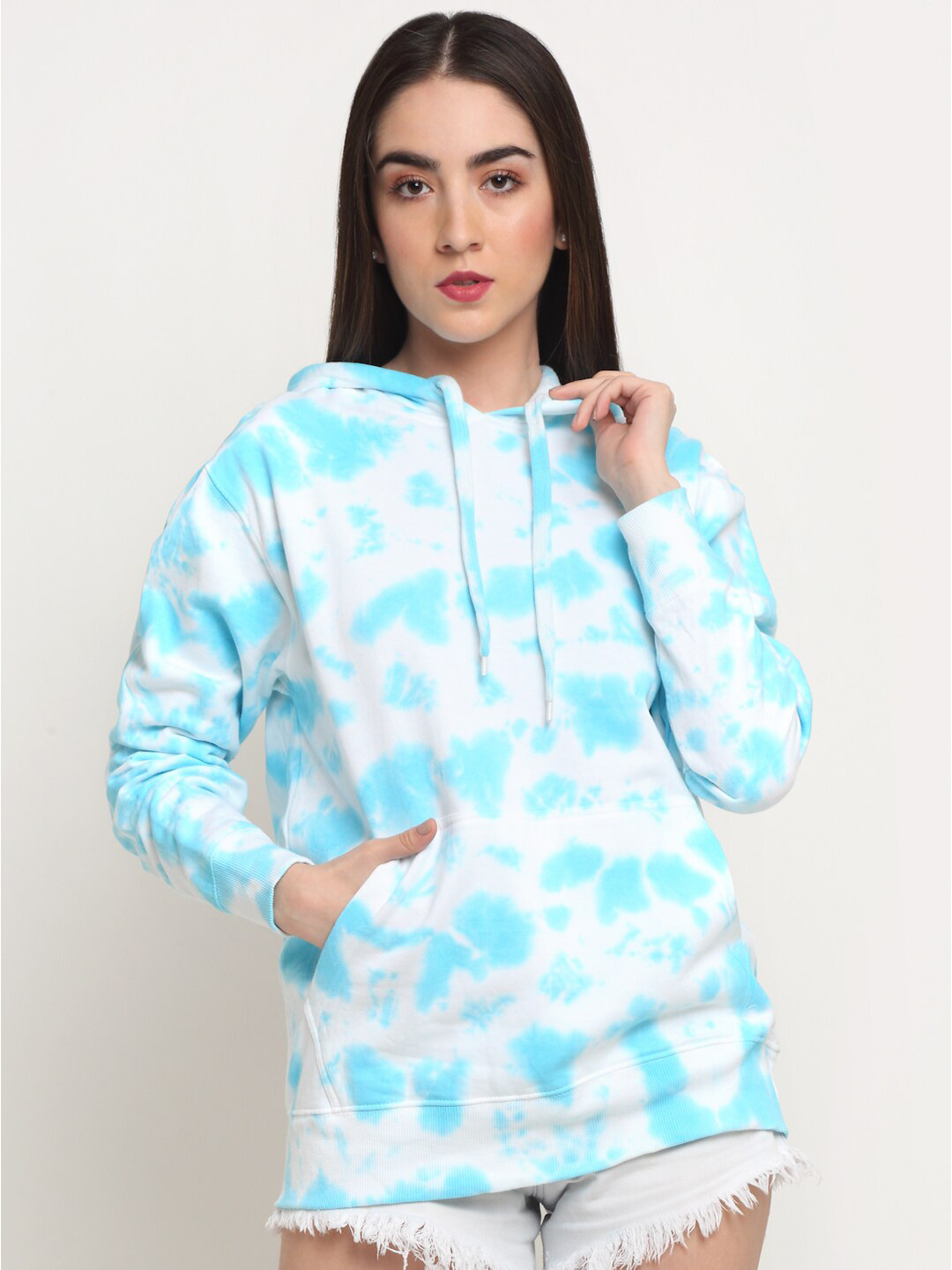

Ennoble Women Blue Tie and Dye Printed Hooded Sweatshirt