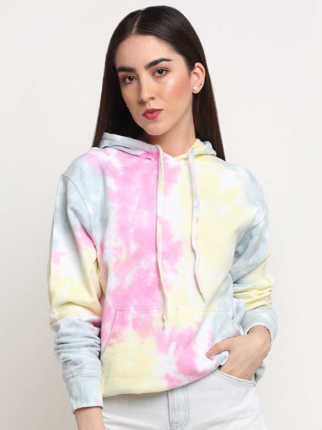 

Ennoble Women Pink Tie & Dye Printed Hooded Sweatshirt