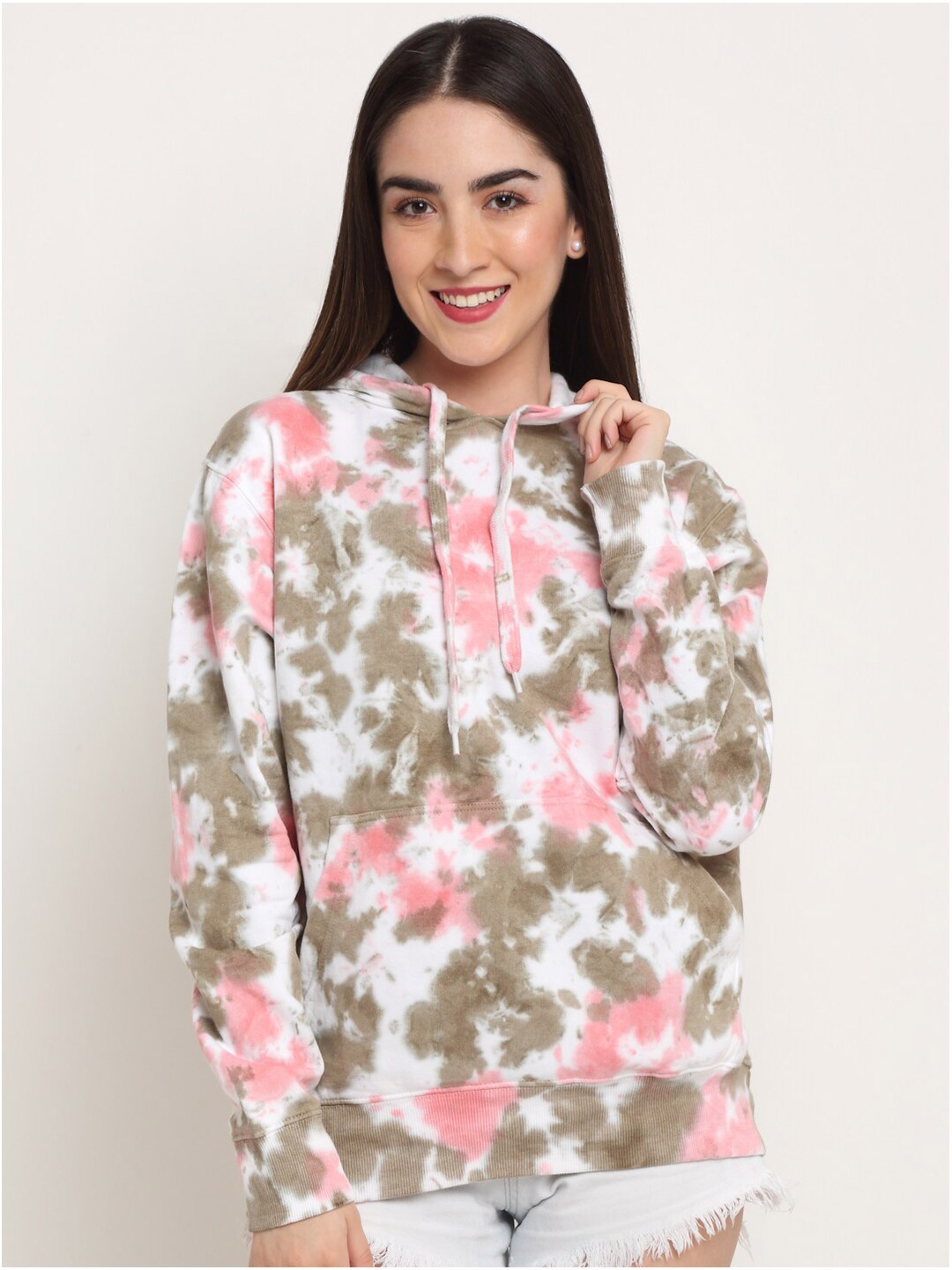 

Ennoble Women Pink Tie & Dye Printed Hooded Sweatshirt