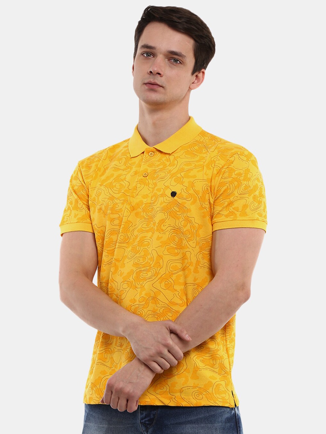 

V-Mart Men Mustard Yellow Printed Polo Collar T-shirt