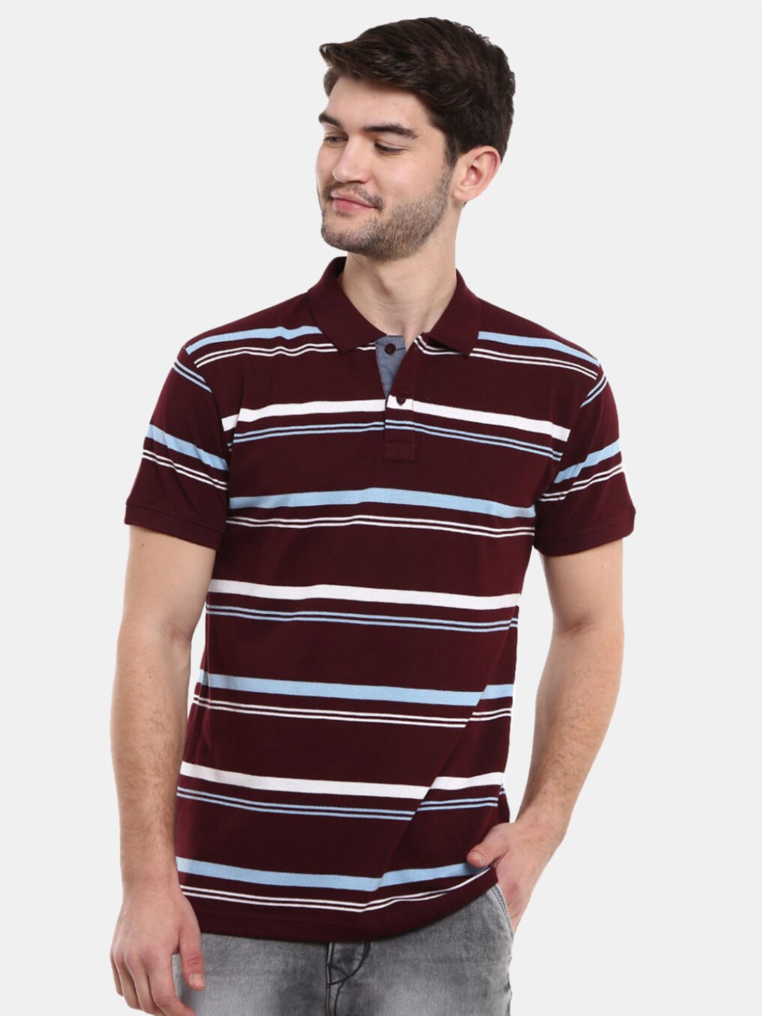 

V-Mart Men Maroon Striped Polo Collar T-shirt