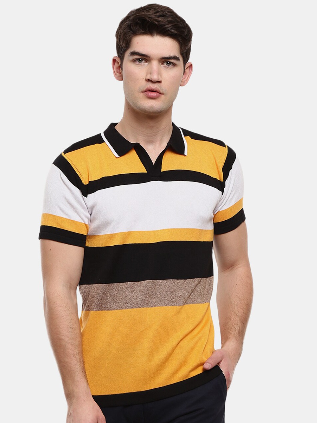 

V-Mart Men Navy Blue & Yellow Striped Polo Collar Slim Fit T-shirt