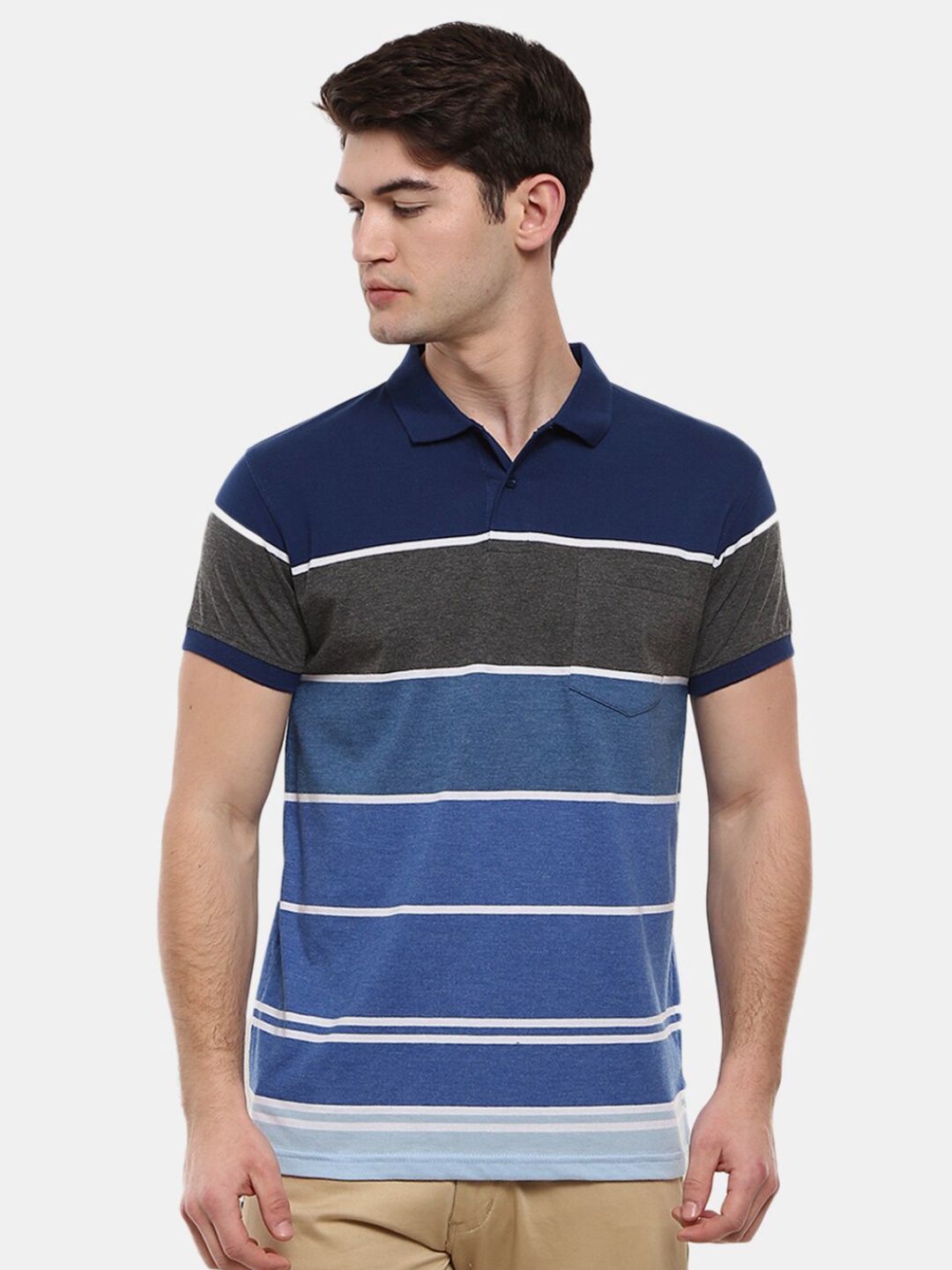 

V-Mart Men Blue & White Striped Polo Collar T-shirt
