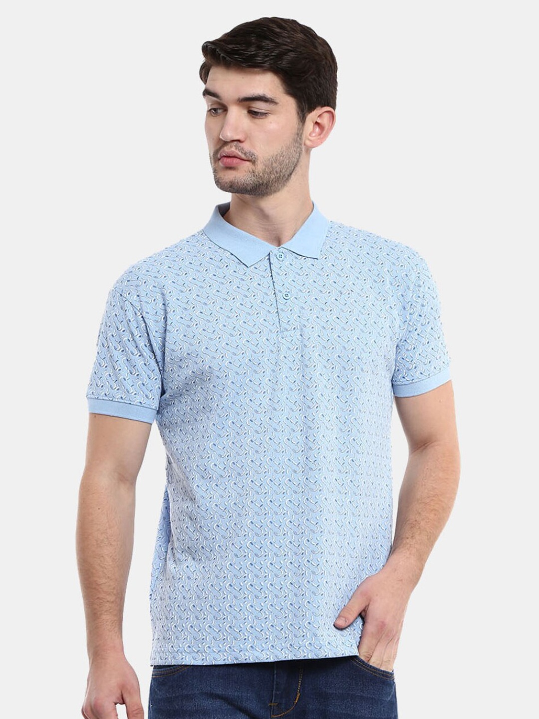 

V-Mart Men Blue & White Printed Polo Collar T-shirt