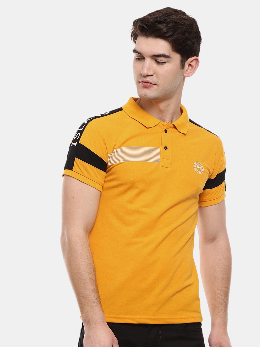 

V-Mart Men Mustard Yellow & White Printed Polo Collar Slim Fit T-shirt