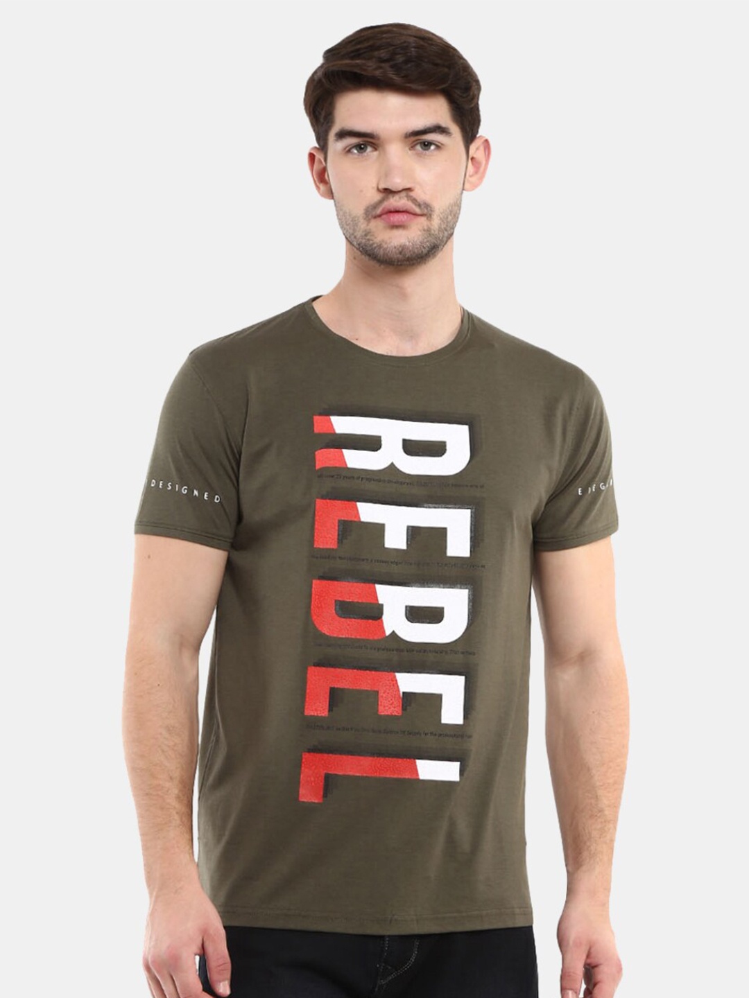 

V-Mart Men Olive Green & White Typography Printed Slim Fit T-shirt