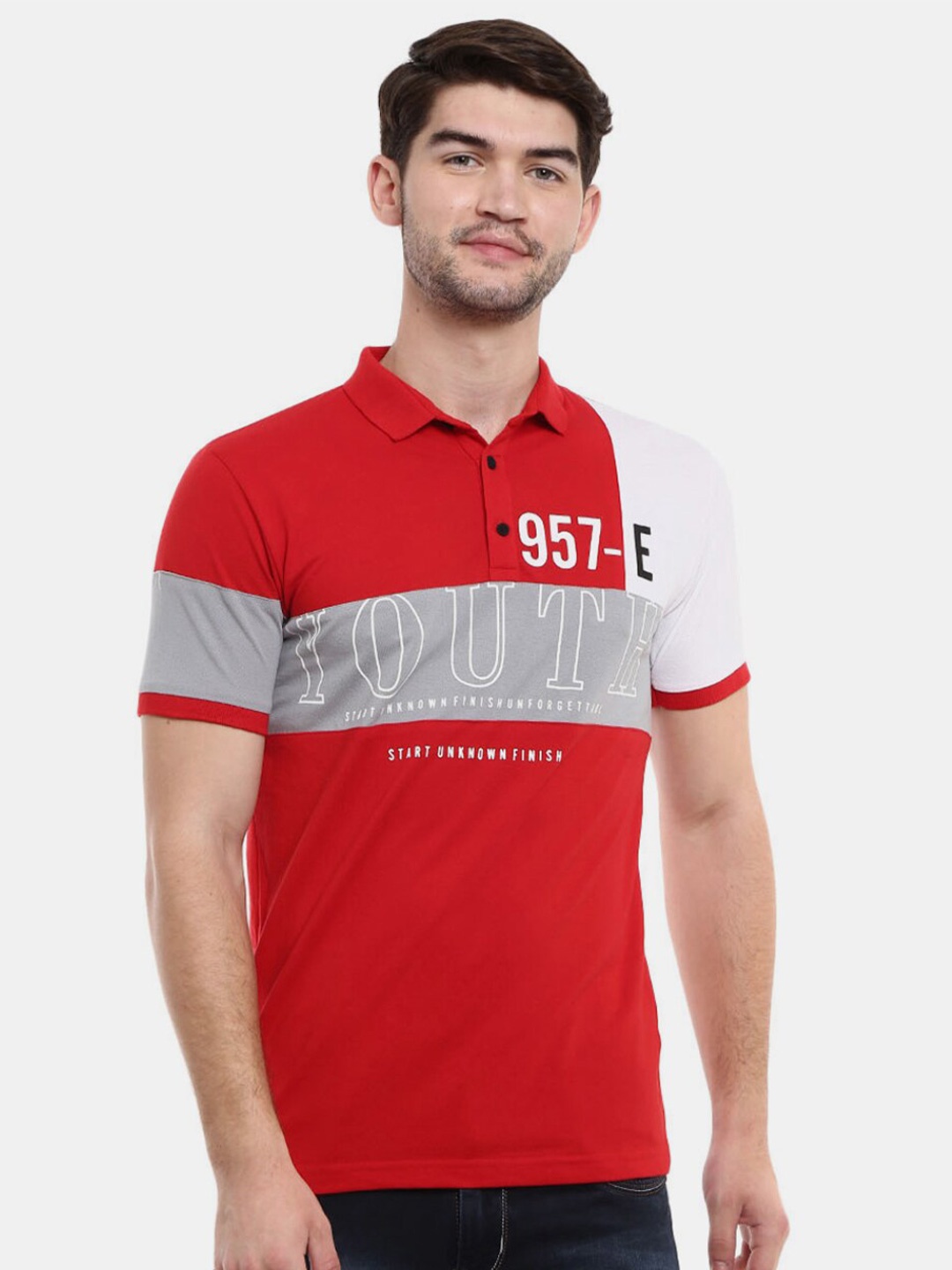 

V-Mart Men Red & Grey Typography Colourblocked Polo Collar Slim Fit T-shirt