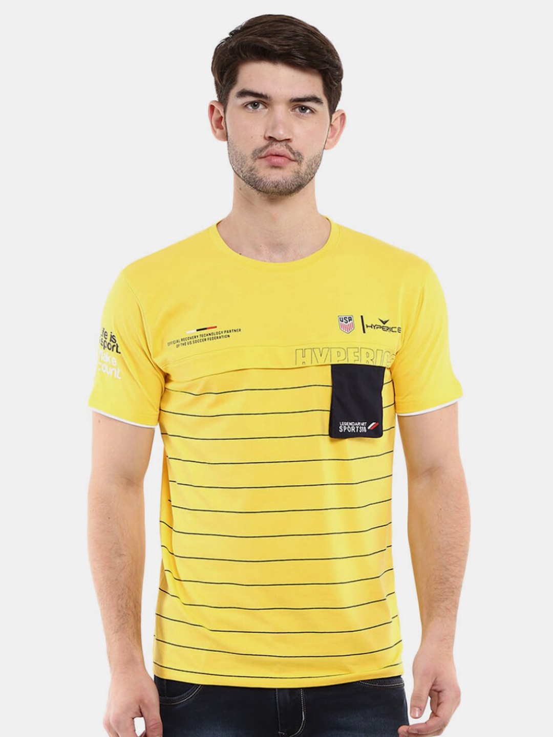

V-Mart Men Yellow & Blue Striped Slim Fit T-shirt