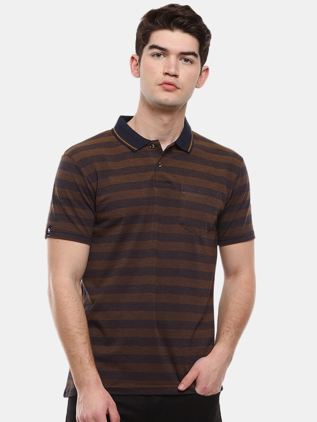

V-Mart Men Brown & Navy Blue Striped Polo Collar T-shirt