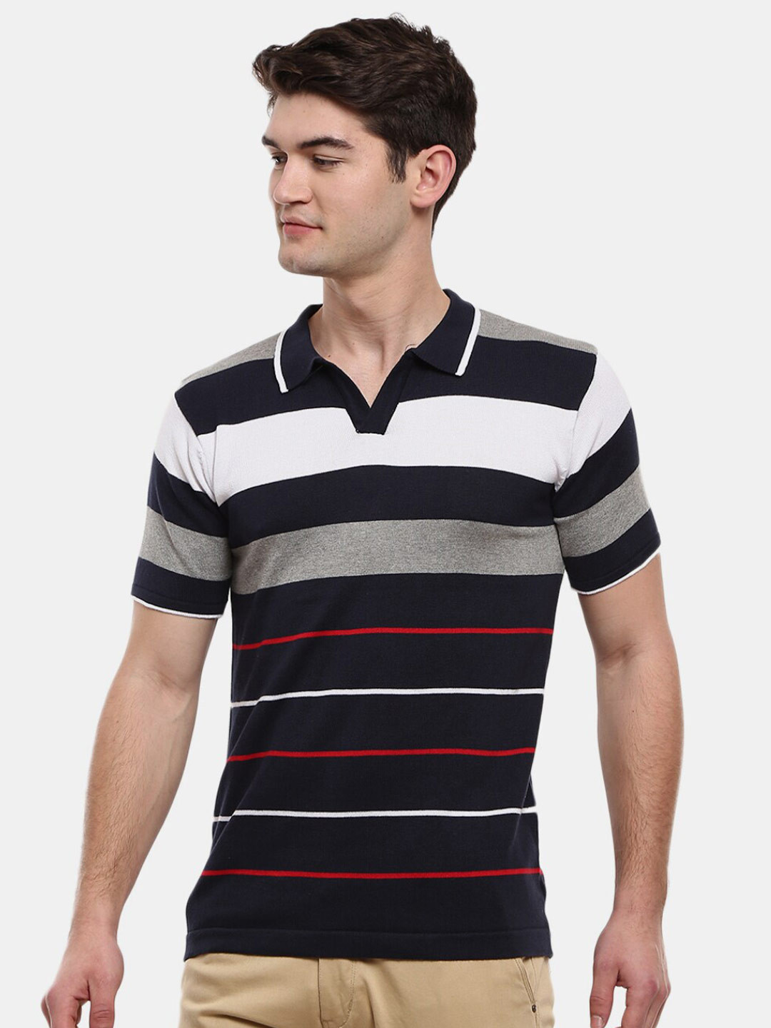 

V-Mart Men Black Striped Polo Collar Slim Fit T-shirt