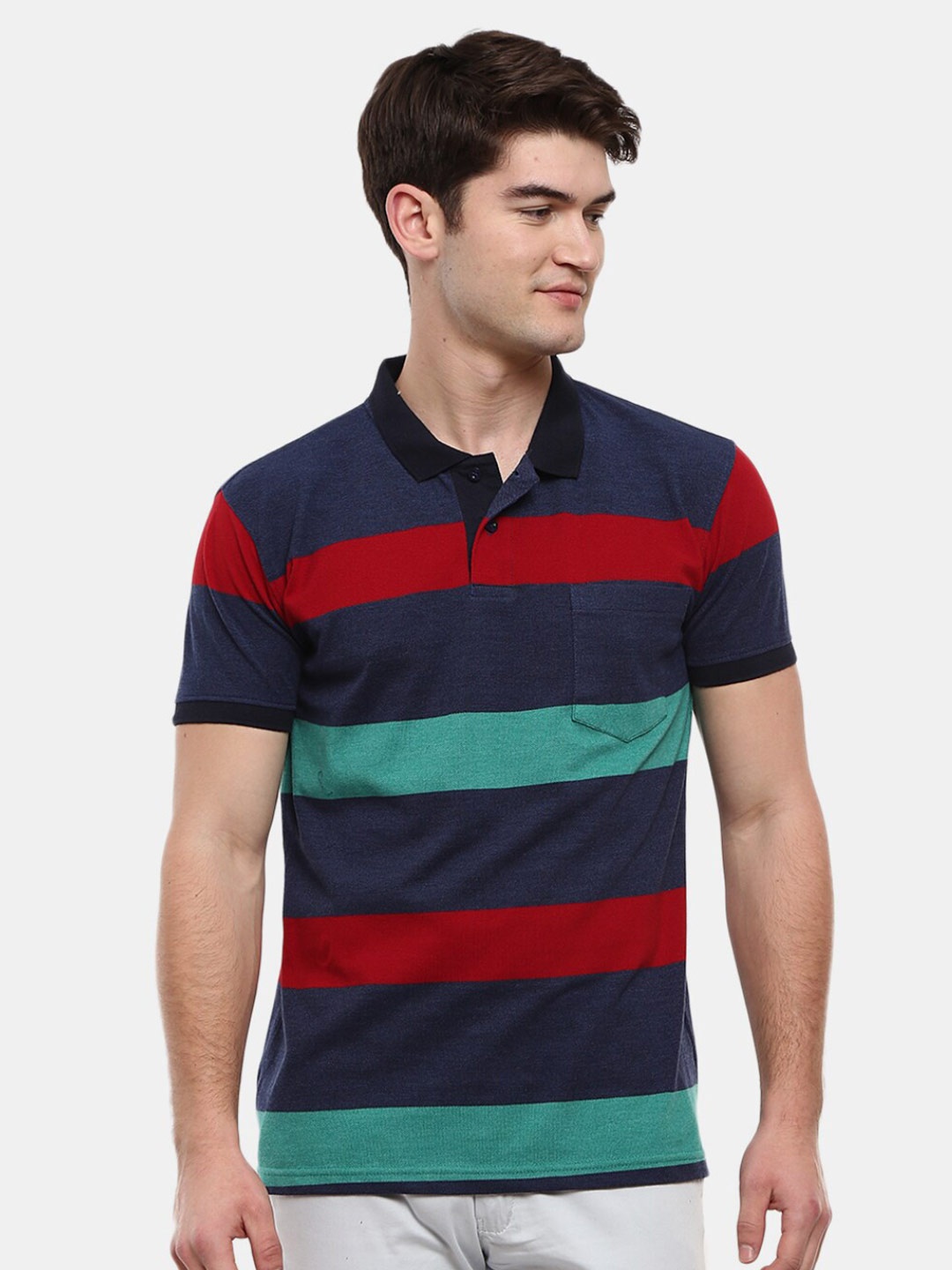 

V-Mart Men Navy Blue Stripes Poly Cotton Pique Polo Neck T-Shirt