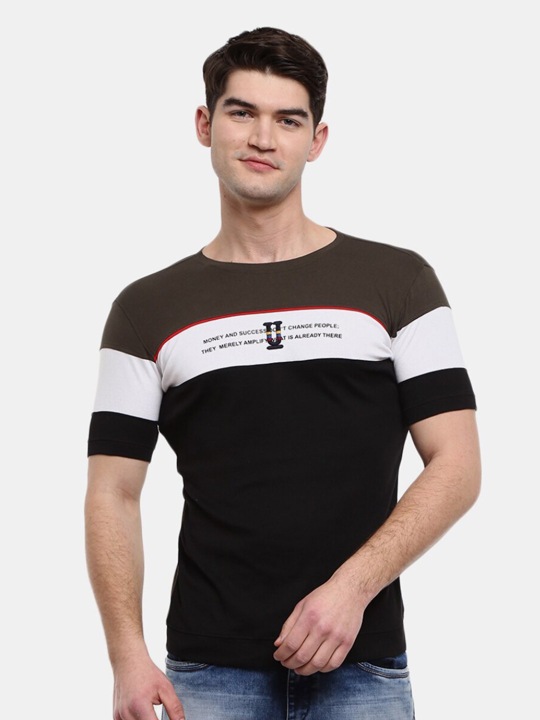 

V-Mart Men Olive Green Striped Colorblock Slim Fit T-shirt