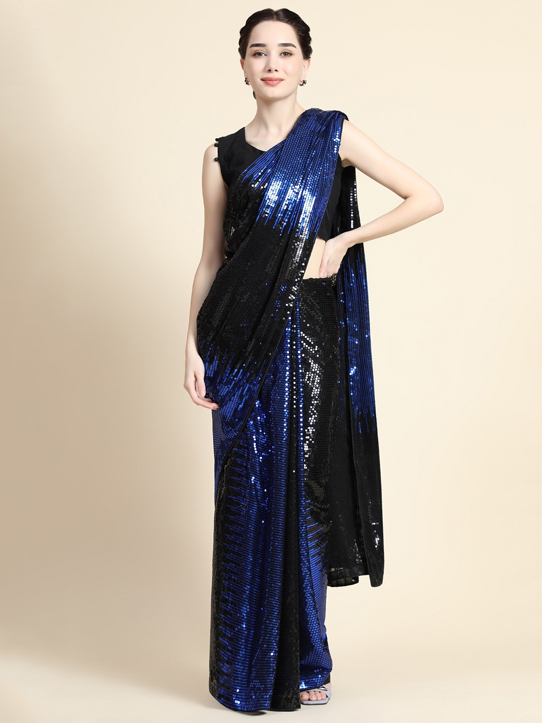 

ORUS Blue Embellished Sequinned Pure Georgette Saree
