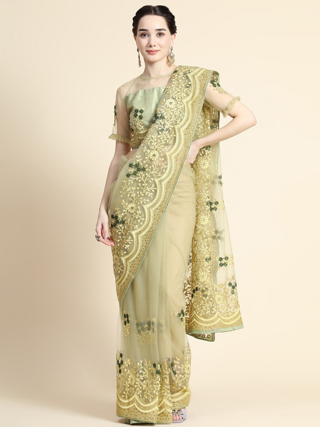 

ORUS Beige & Green Floral Embroidered Net Saree