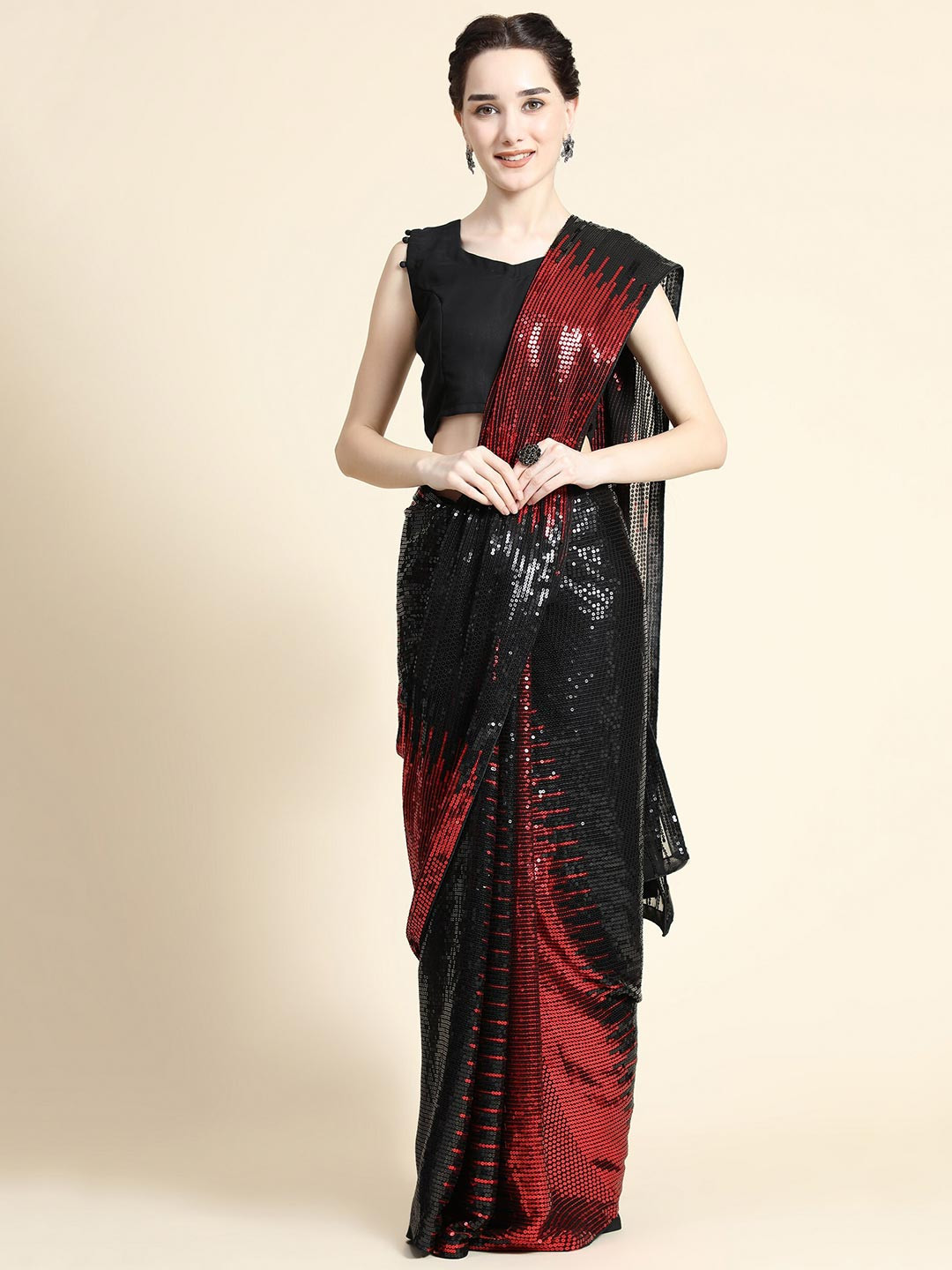 

ORUS Red & Black Embellished Sequinned Pure Georgette Saree