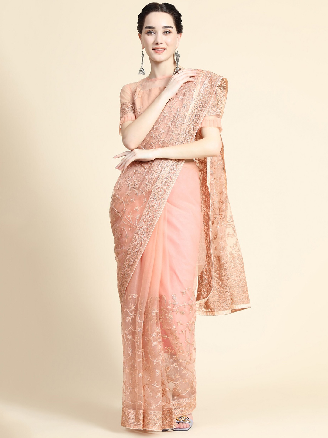 

ORUS Orange Floral Embroidered Net Saree
