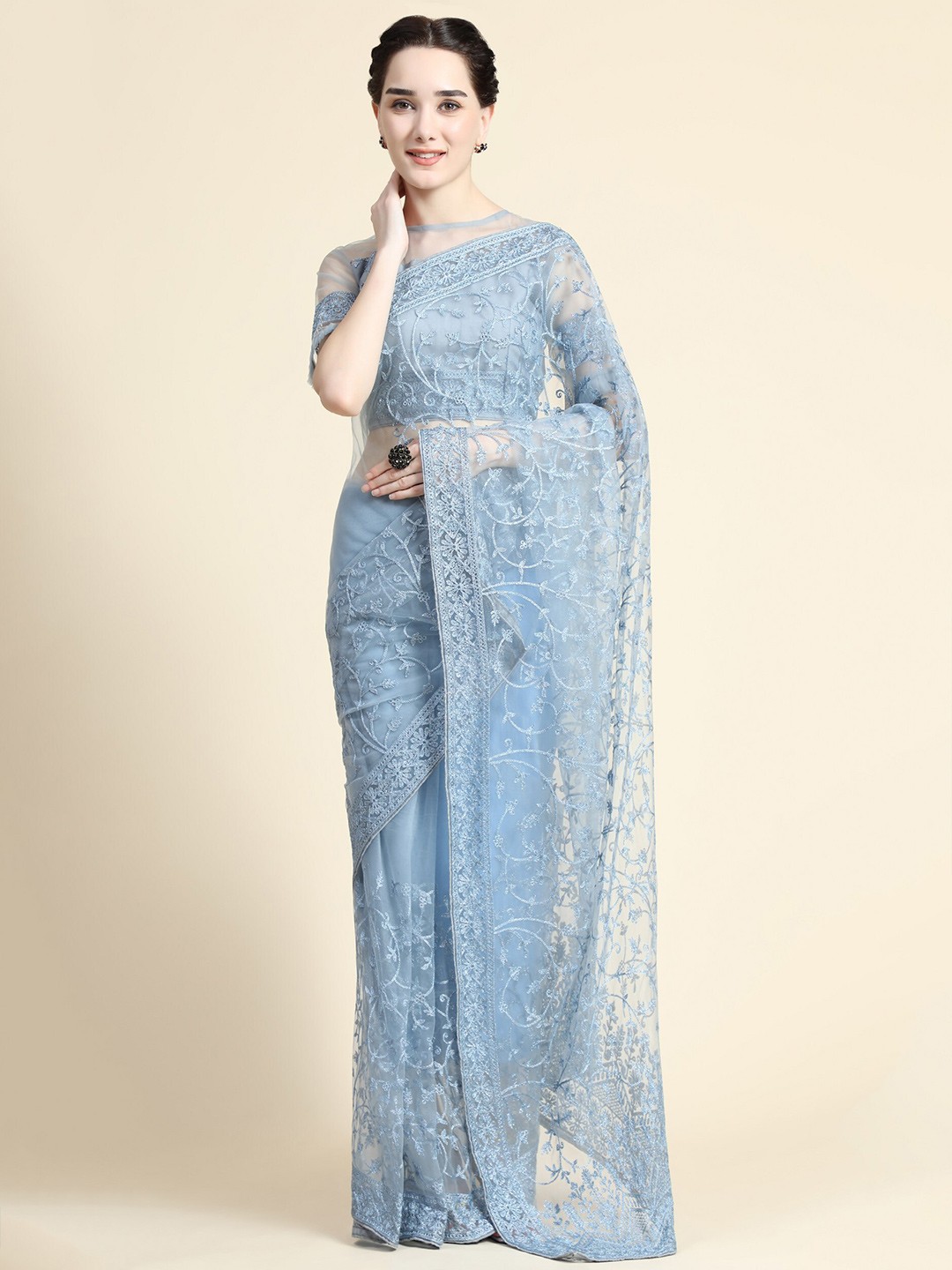 

ORUS Blue Floral Embroidered Net Saree