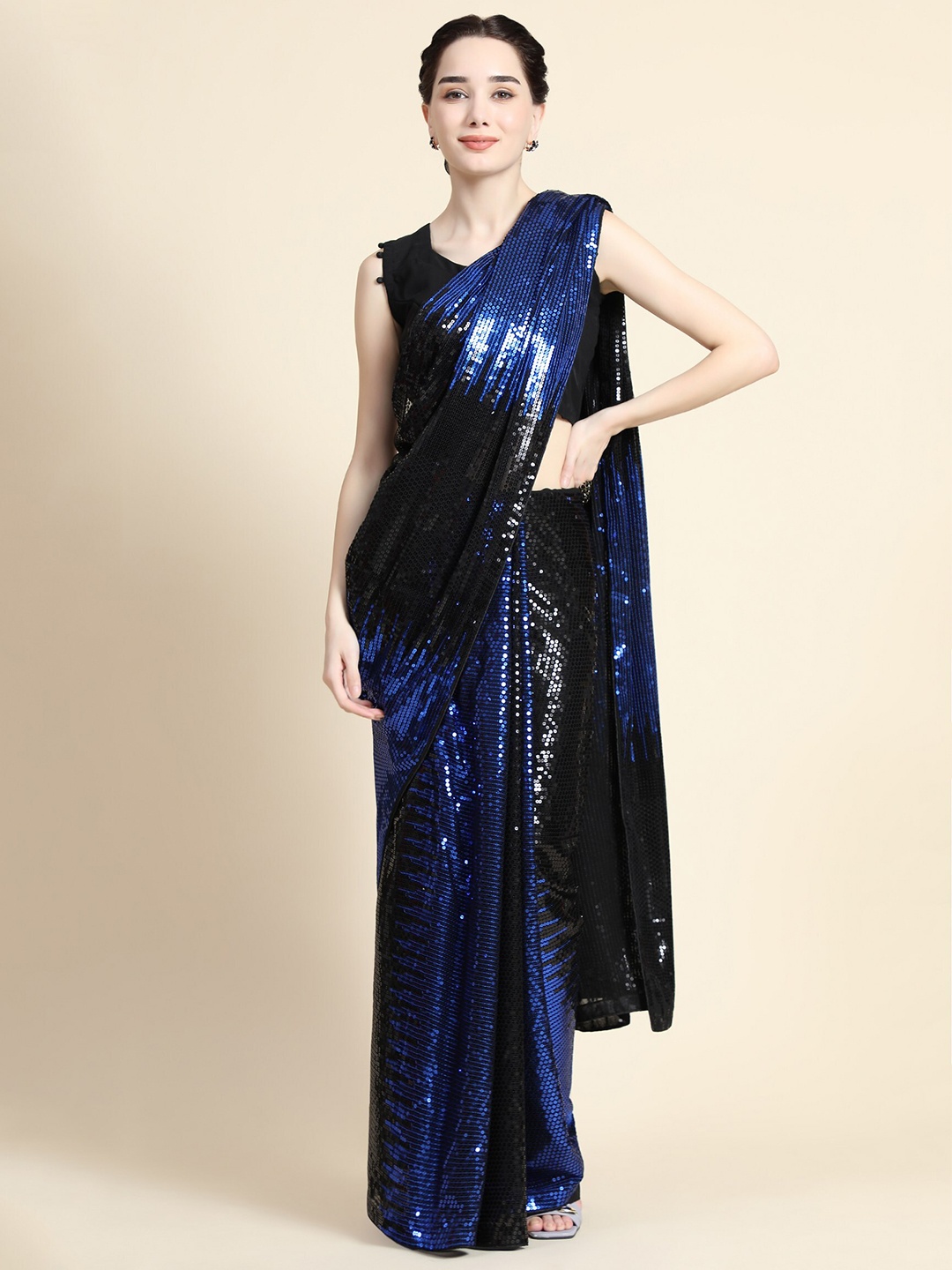 

ORUS Blue Embellished Sequinned Pure Georgette Saree