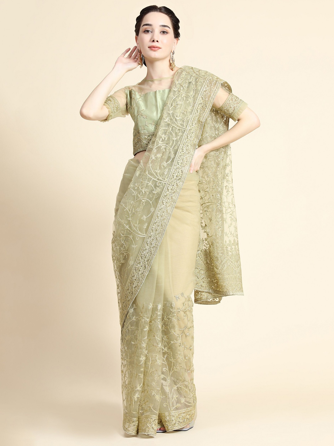 

ORUS Beige Women's Designer Embroidered Net Saree With Blouse Piece