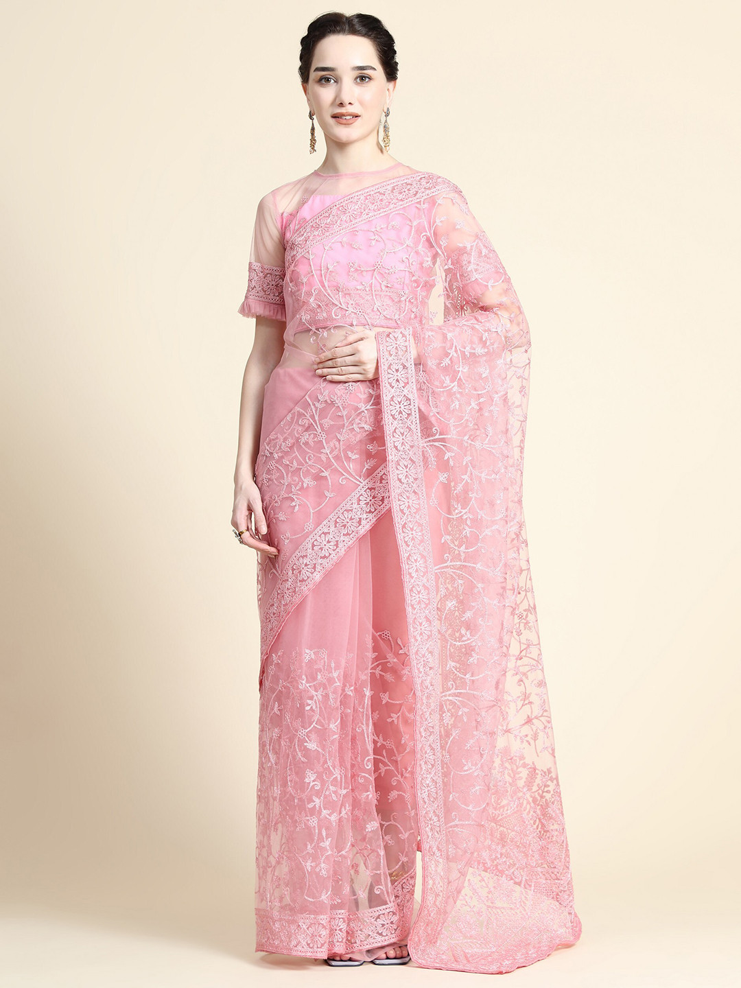 

ORUS Women Pink Floral Embroidered Net Saree