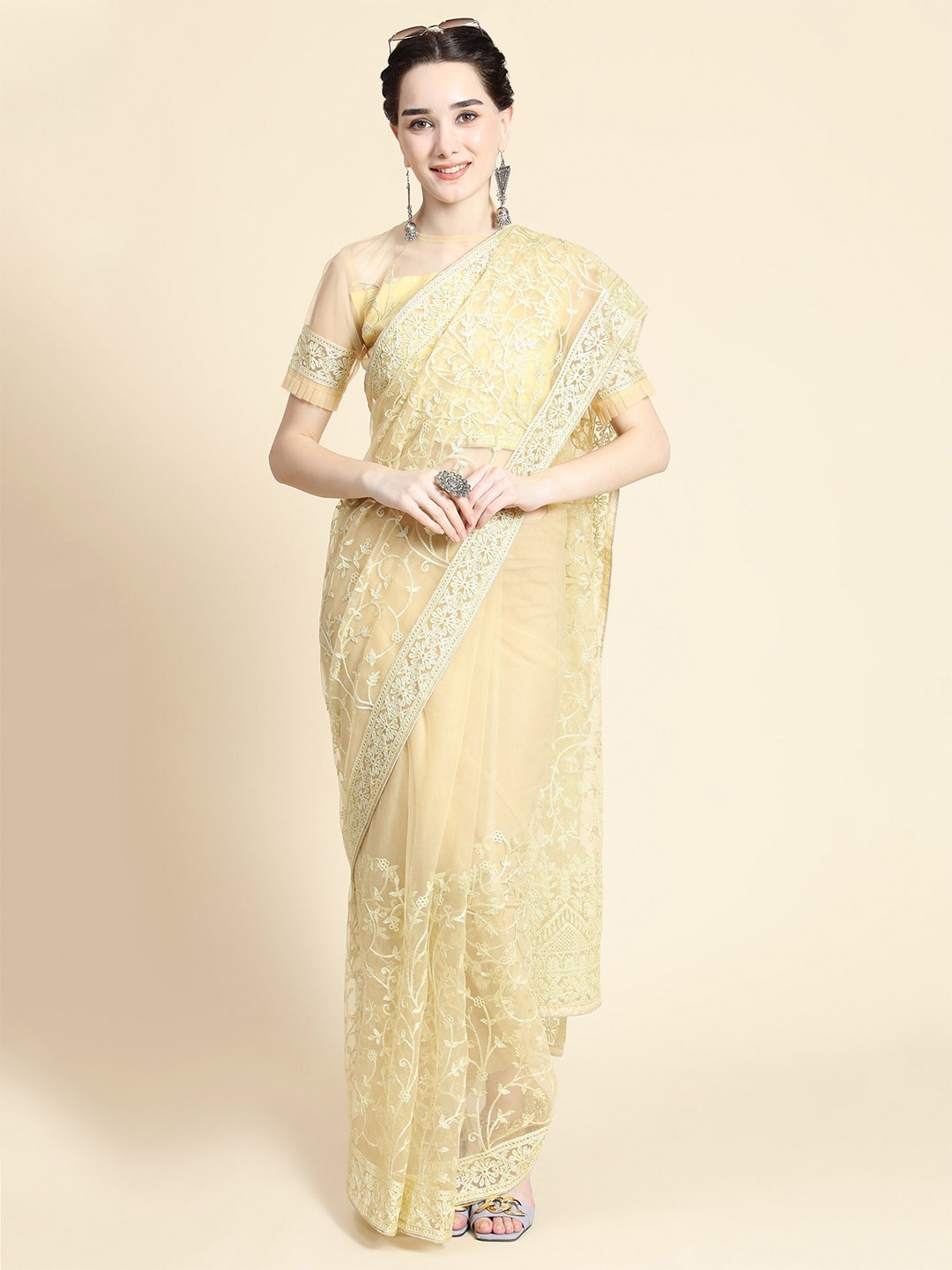 

ORUS Women Yellow Floral Embroidered Net Saree