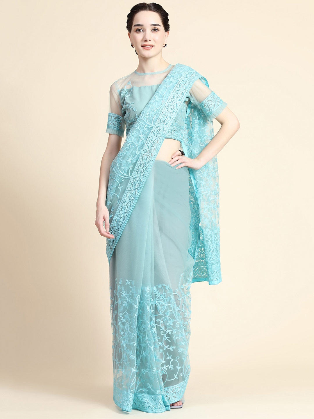 

ORUS Turquoise Blue Floral Embroidered Net Saree