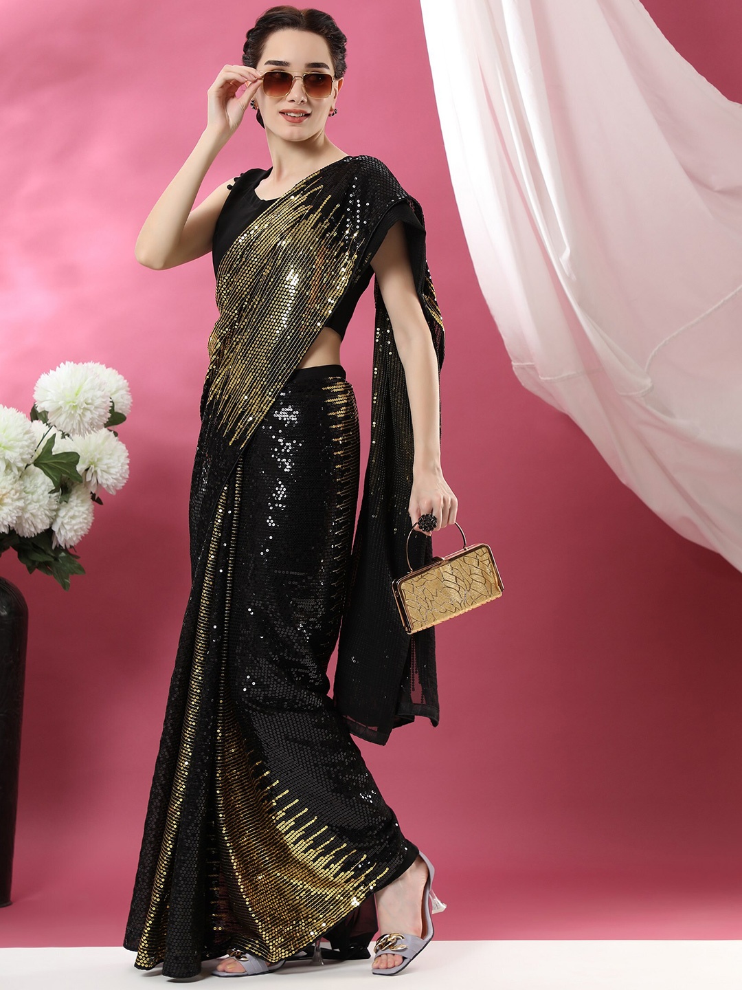 

ORUS Gold-Toned & Black Embellished Sequinned Pure Georgette Saree