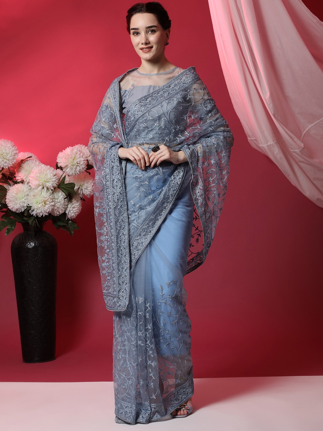 

ORUS Blue Floral Embroidered Net Saree
