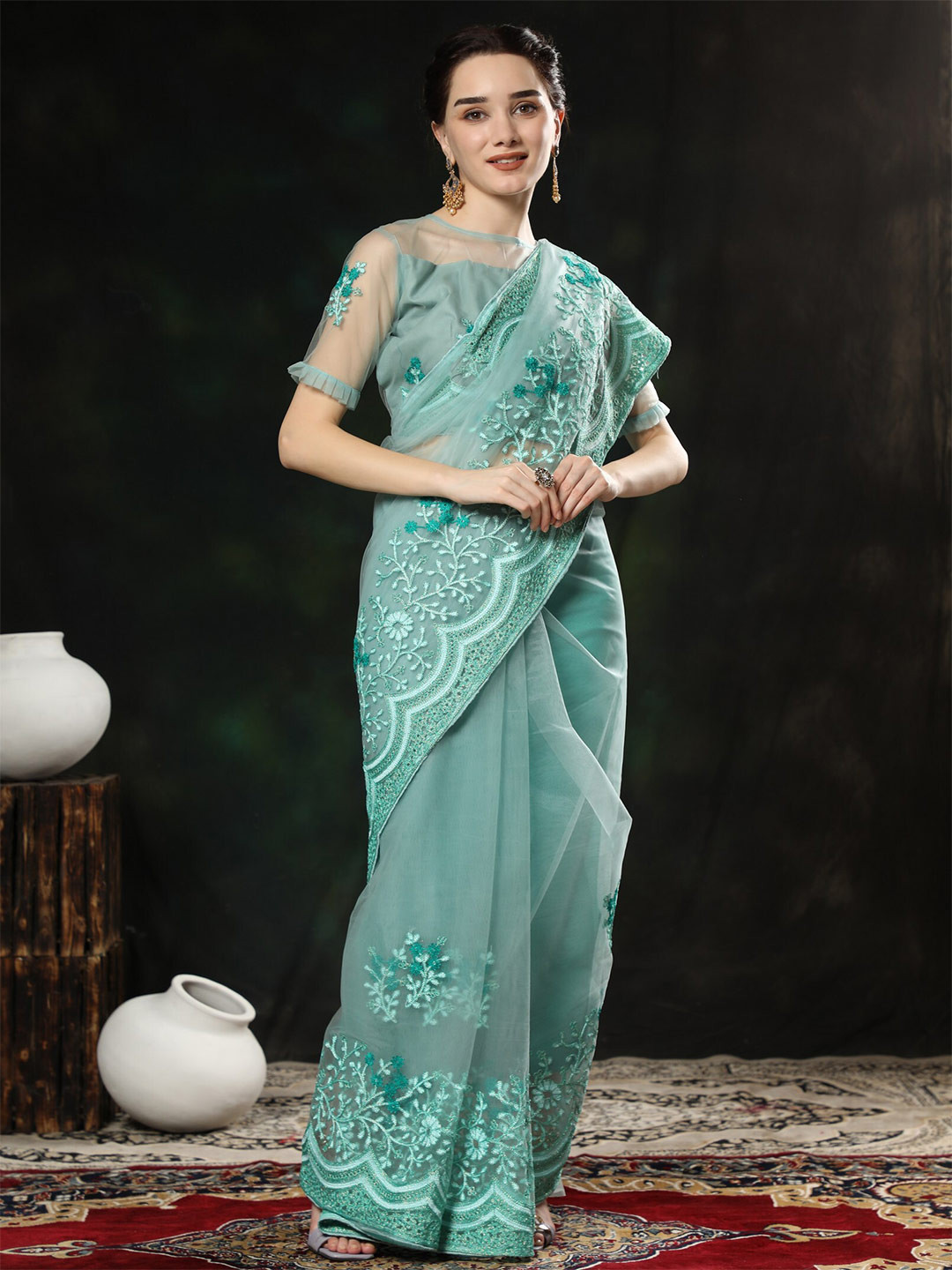 

ORUS Turquoise Blue Floral Embroidered Net Saree