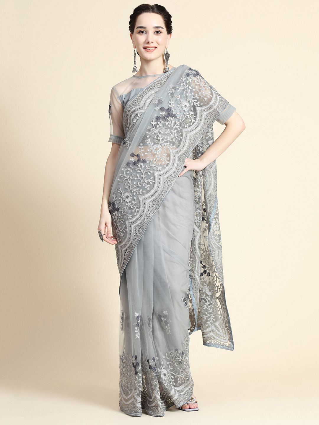 

ORUS Grey & Silver-Toned Floral Embroidered Net Saree