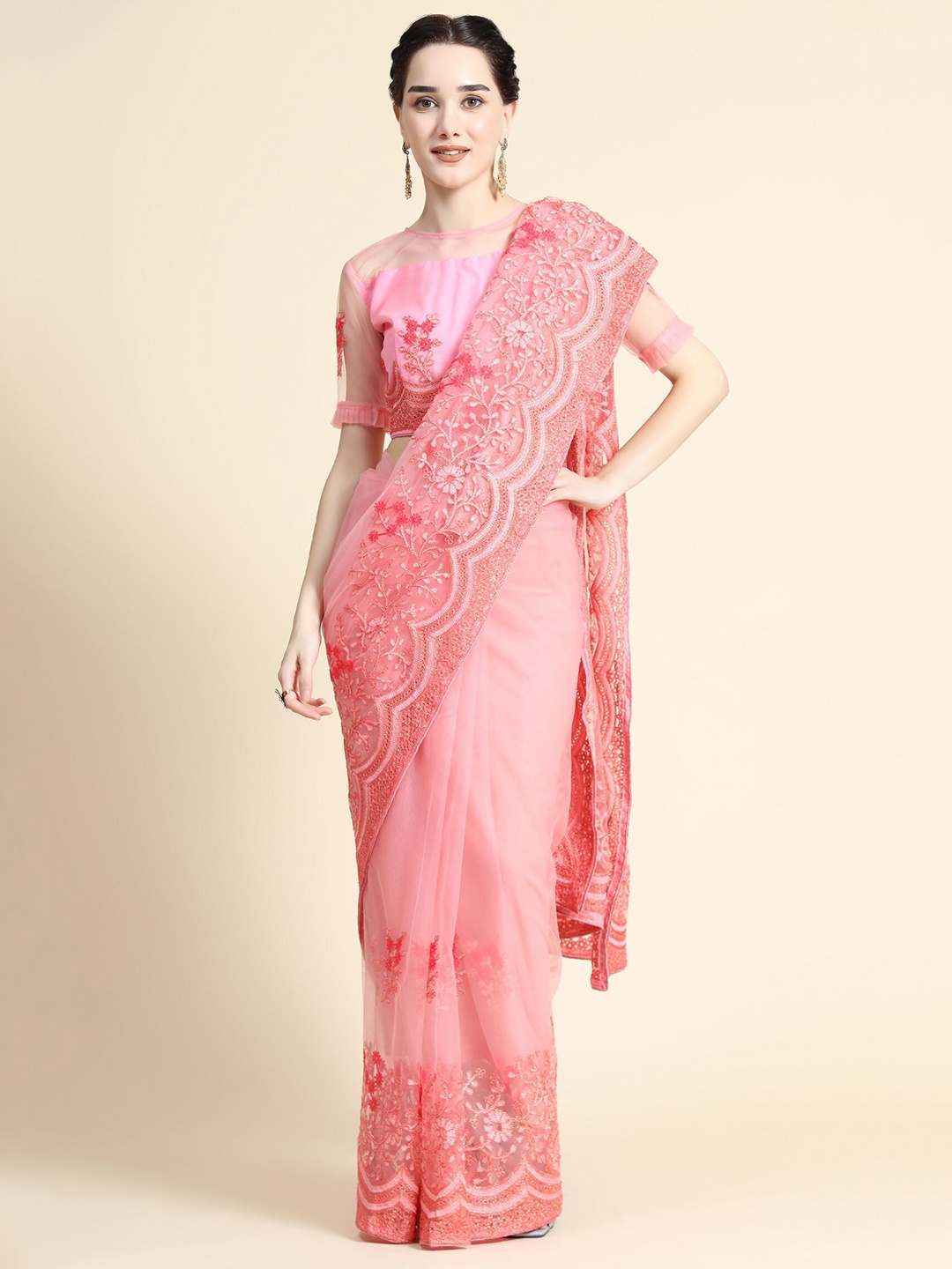 

ORUS Pink Floral Embroidered Net Saree