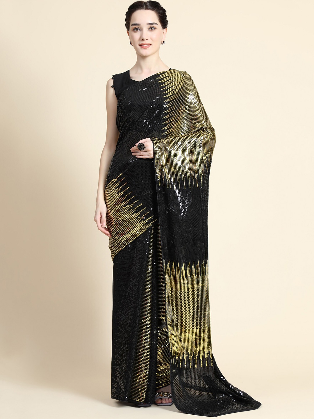 

ORUS Gold-Toned & Black Embellished Sequinned Pure Georgette Heavy Work Saree