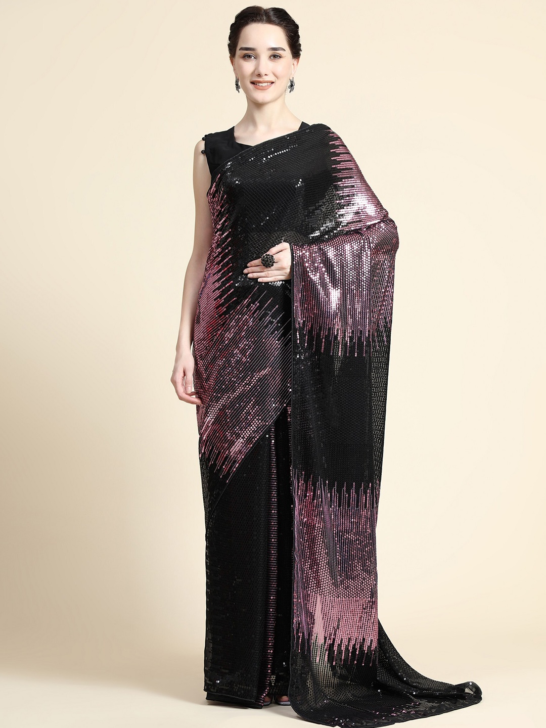 

ORUS Pink & Black Embellished Sequinned Pure Georgette Heavy Work Saree