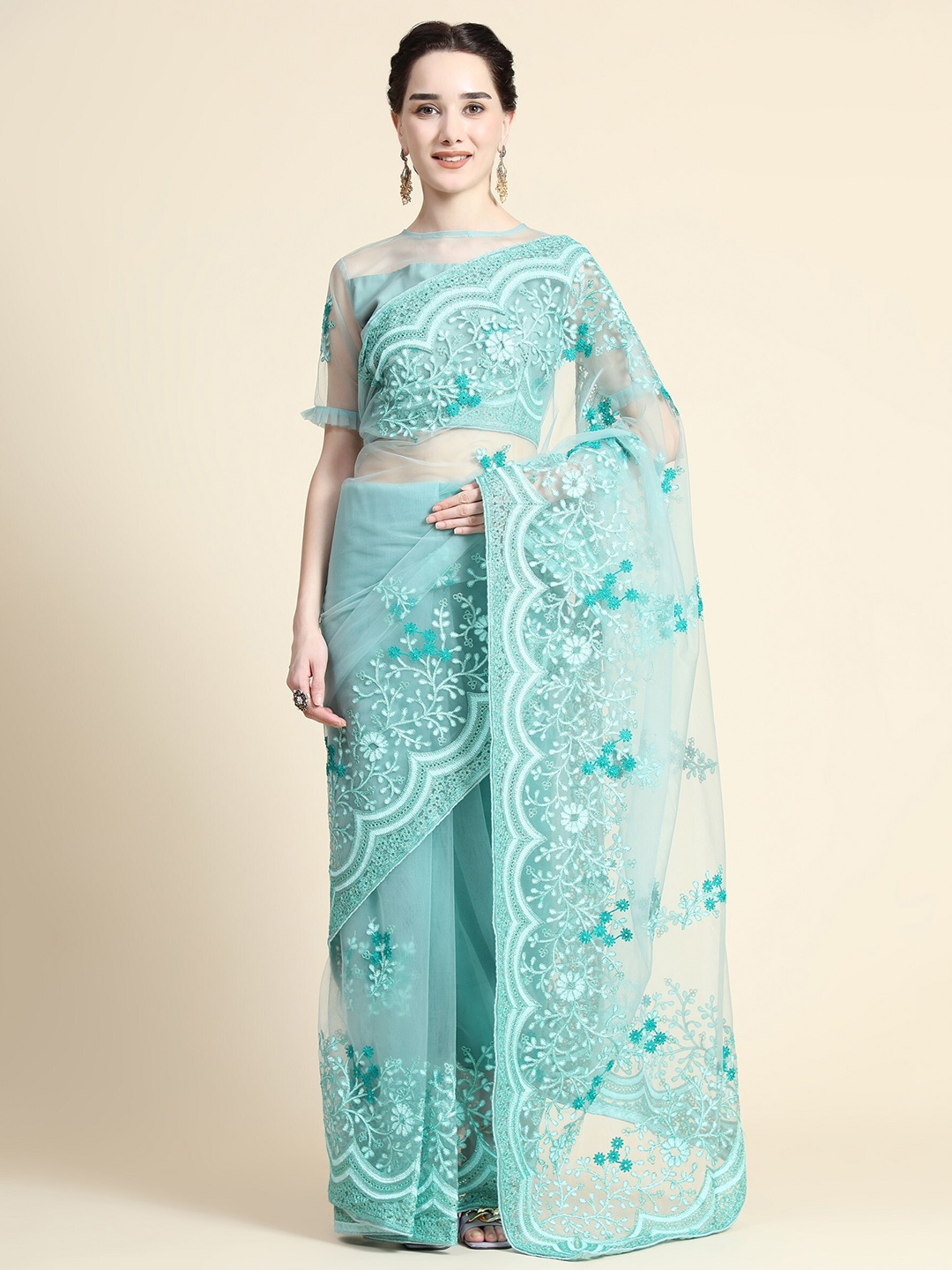 

ORUS Turquoise Blue Floral Embroidered Net Heavy Work Saree